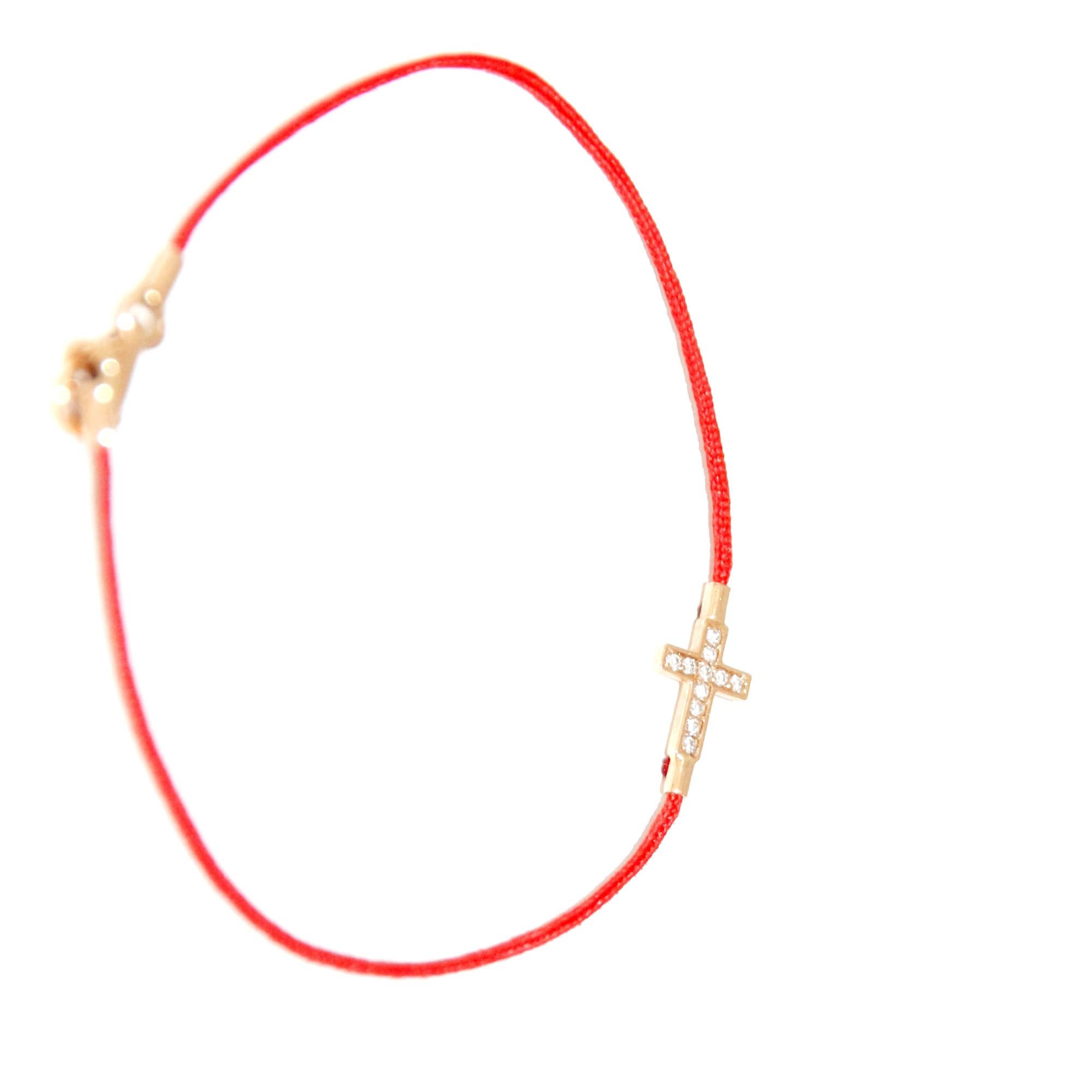 Brilliant Cut Aaron Basha 18K Rose Gold Cross Bracelet on Red Cord