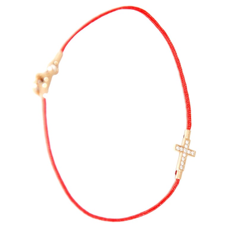 Aaron Basha 18K Rose Gold Cross Bracelet on Red Cord For Sale at 1stDibs