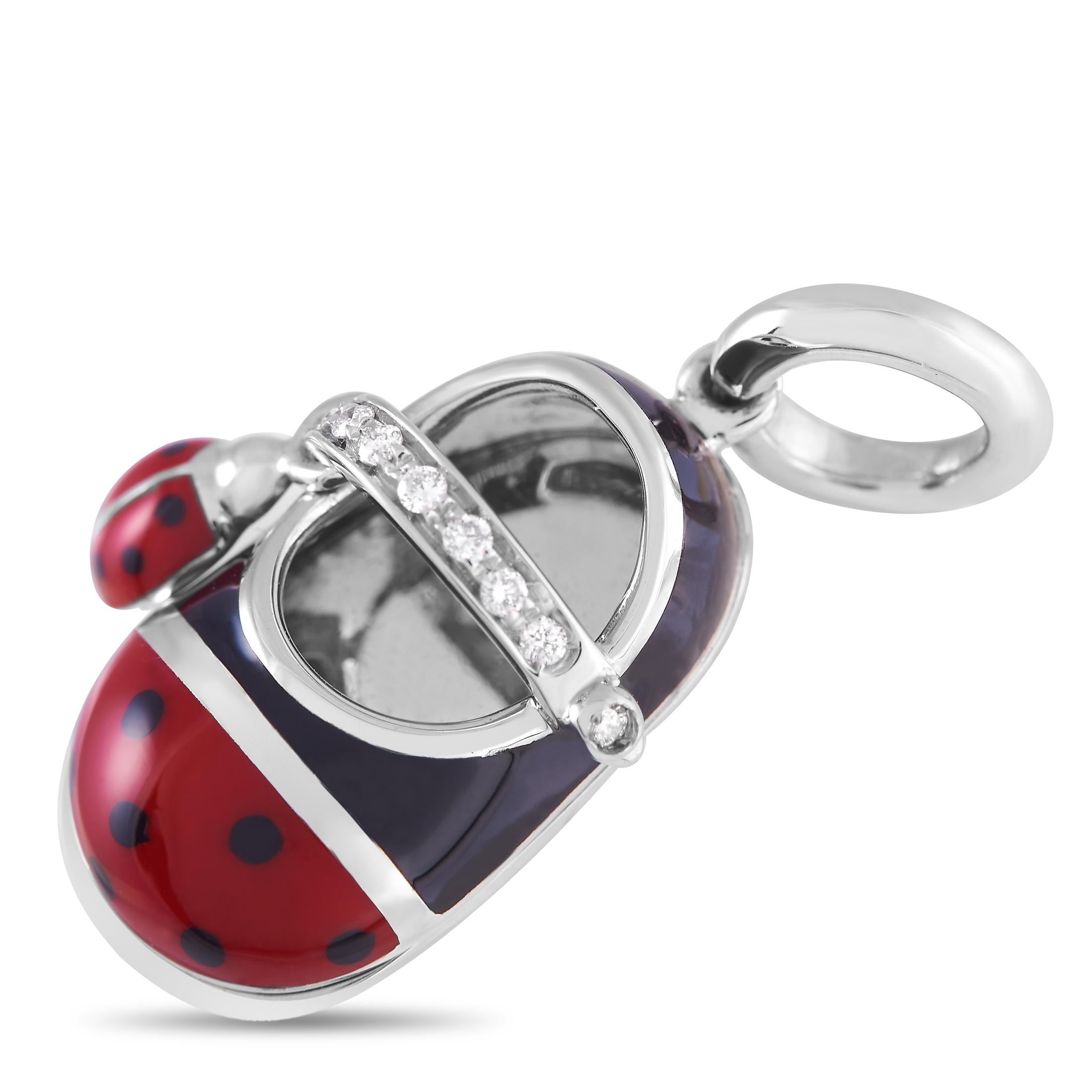 This 18K White Gold pendant from Aaron Basha is truly sweet and stylish. Shaped like a baby shoe, this ladybug-themed piece measures 1” long and comes complete with black and red enamel accents. A dainty row of diamonds totaling 0.06 carats provides