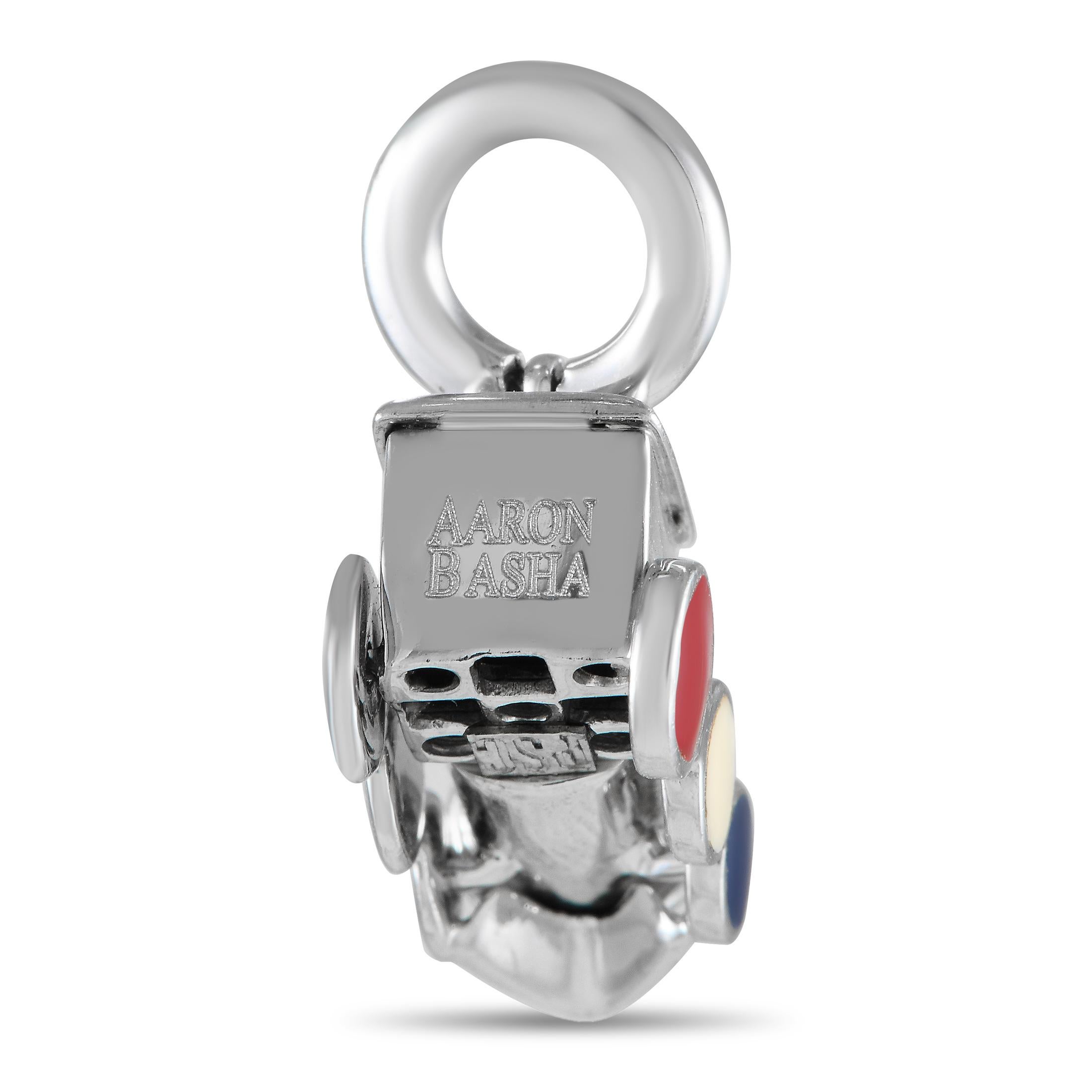 For the young and young at heart, Aaron Basha's charming choo-choo train charm is a must-have. The sculpted train charm in 18K white gold is detailed with diamonds for a subtle sparkle. The headlight and the wheels feature a colorful enamel finish.