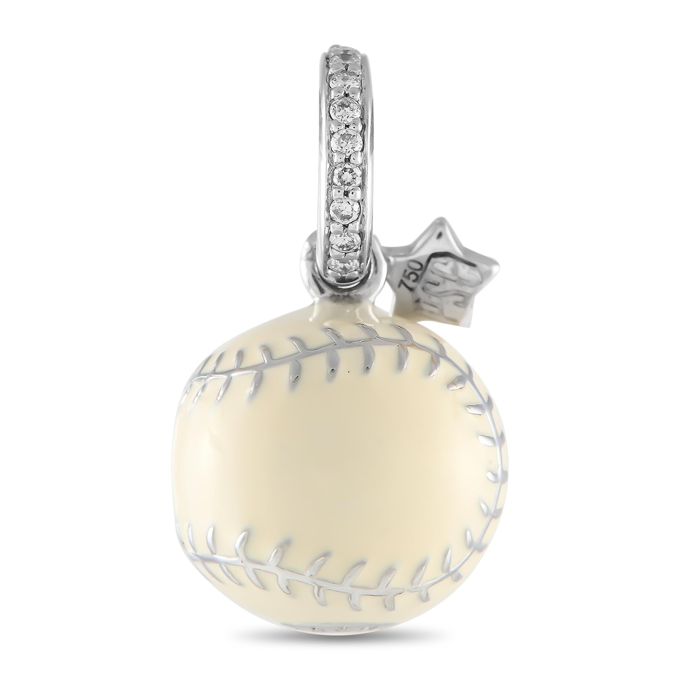 Whimsical accessories perk up an outfit in an instant. Just look at this softball charm from Aaron Basha, meant to add some sporty spice to your looks. It features a diamond-traced bail with a diamond-dotted star accent and a creamy white enameled