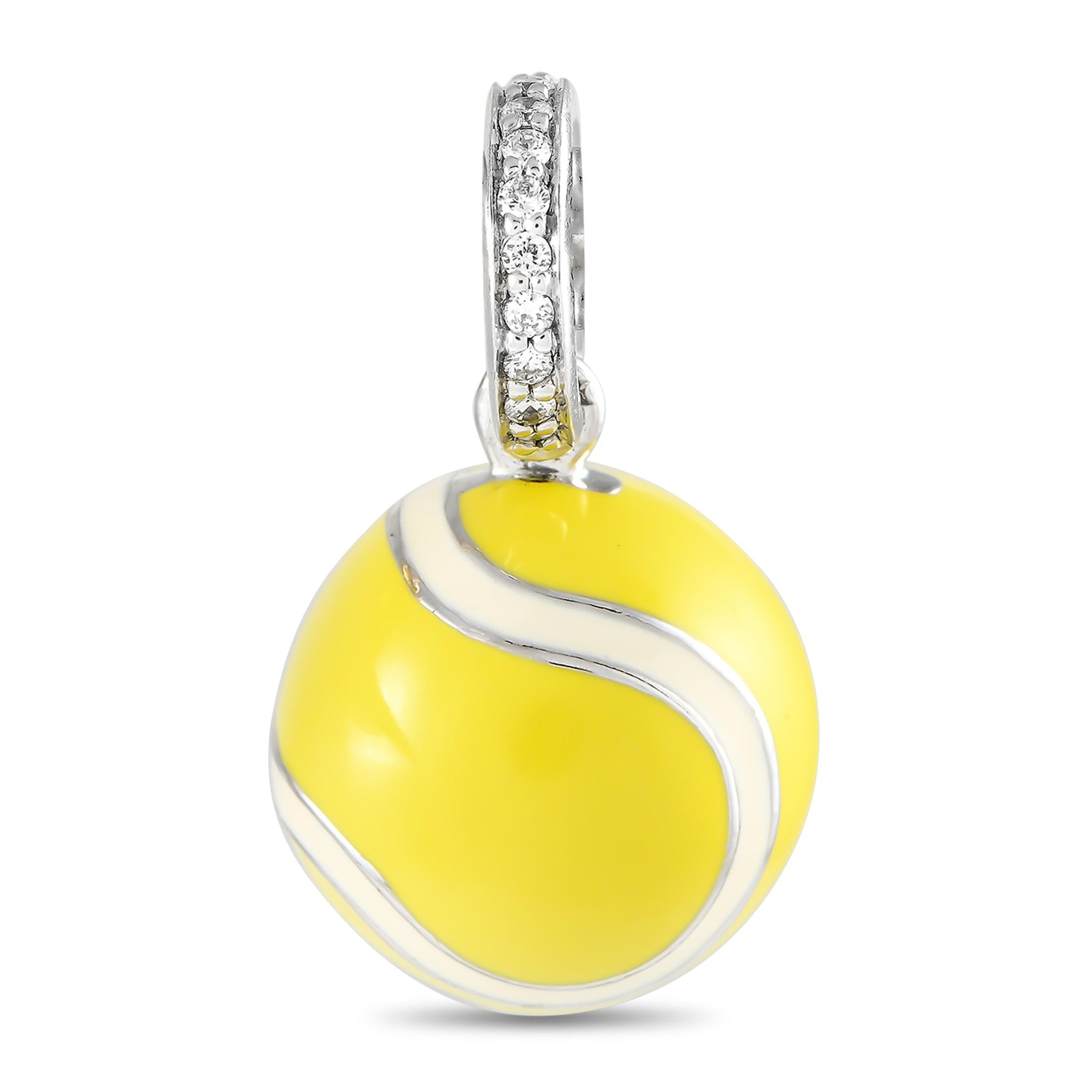 The tennis player in your life will be delighted to get this playful bracelet charm by Aaron Basha. Made out of precious white gold, this little charm takes the shape and color of a tennis ball. It is held by a diamond-encrusted bail for a hint of