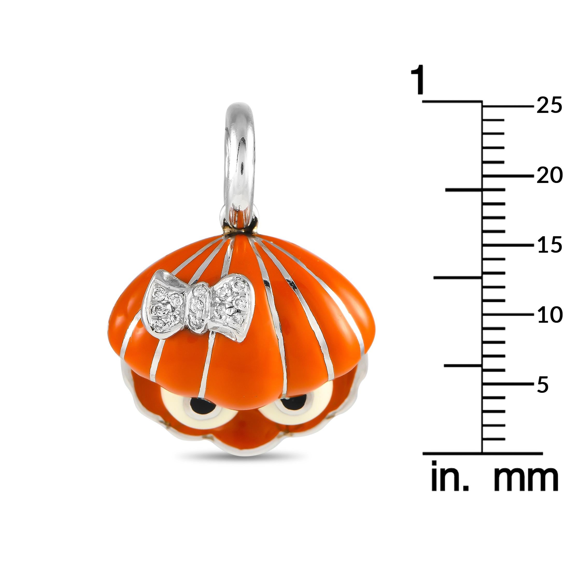 Round Cut Aaron Basha 18K White Gold Diamond and Orange Enamel Clamshell Charm AB37-111324
