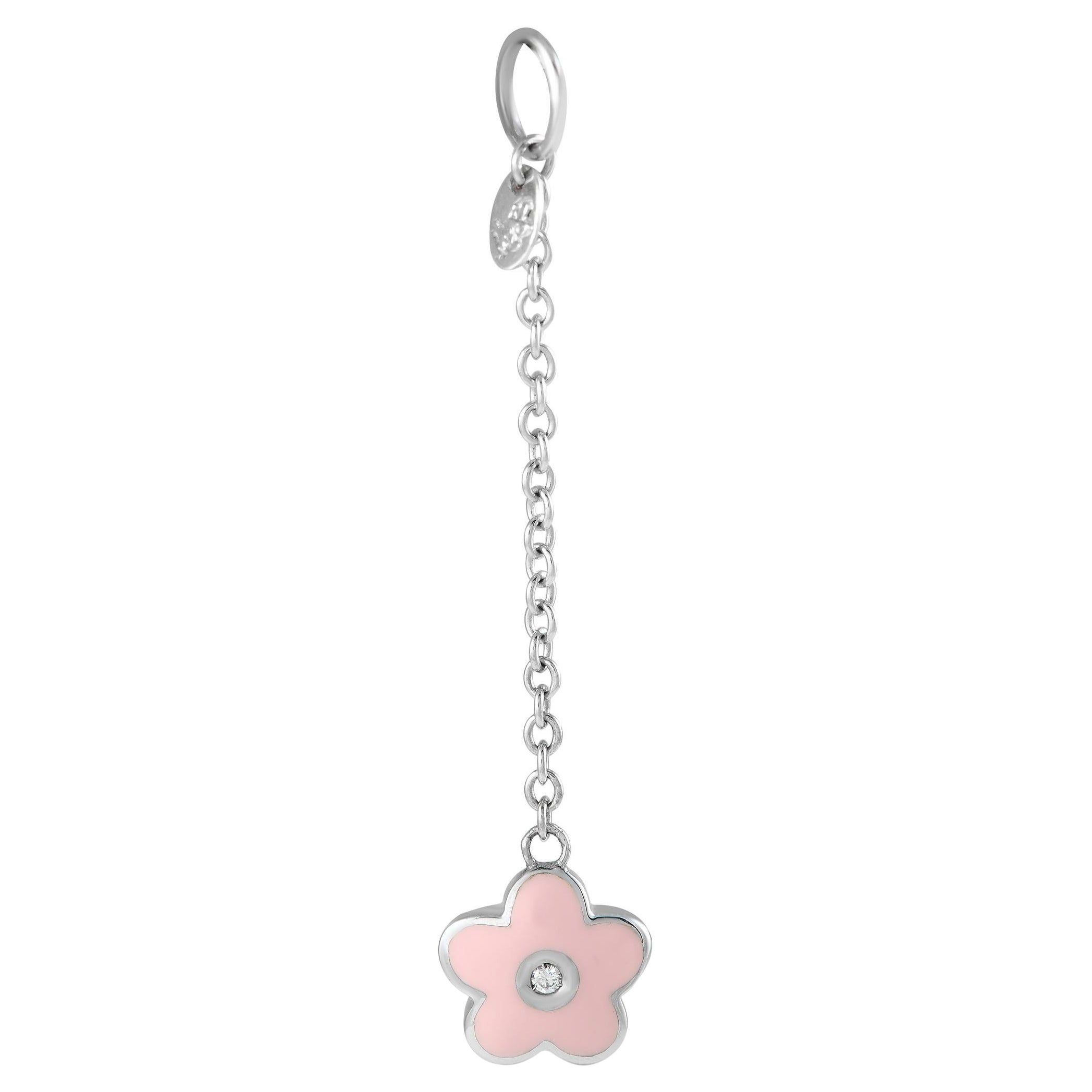 Colgante con dije de flor rosa esmaltada con diamantes de oro blanco de 18 quilates Aaron Basha AB20-111824