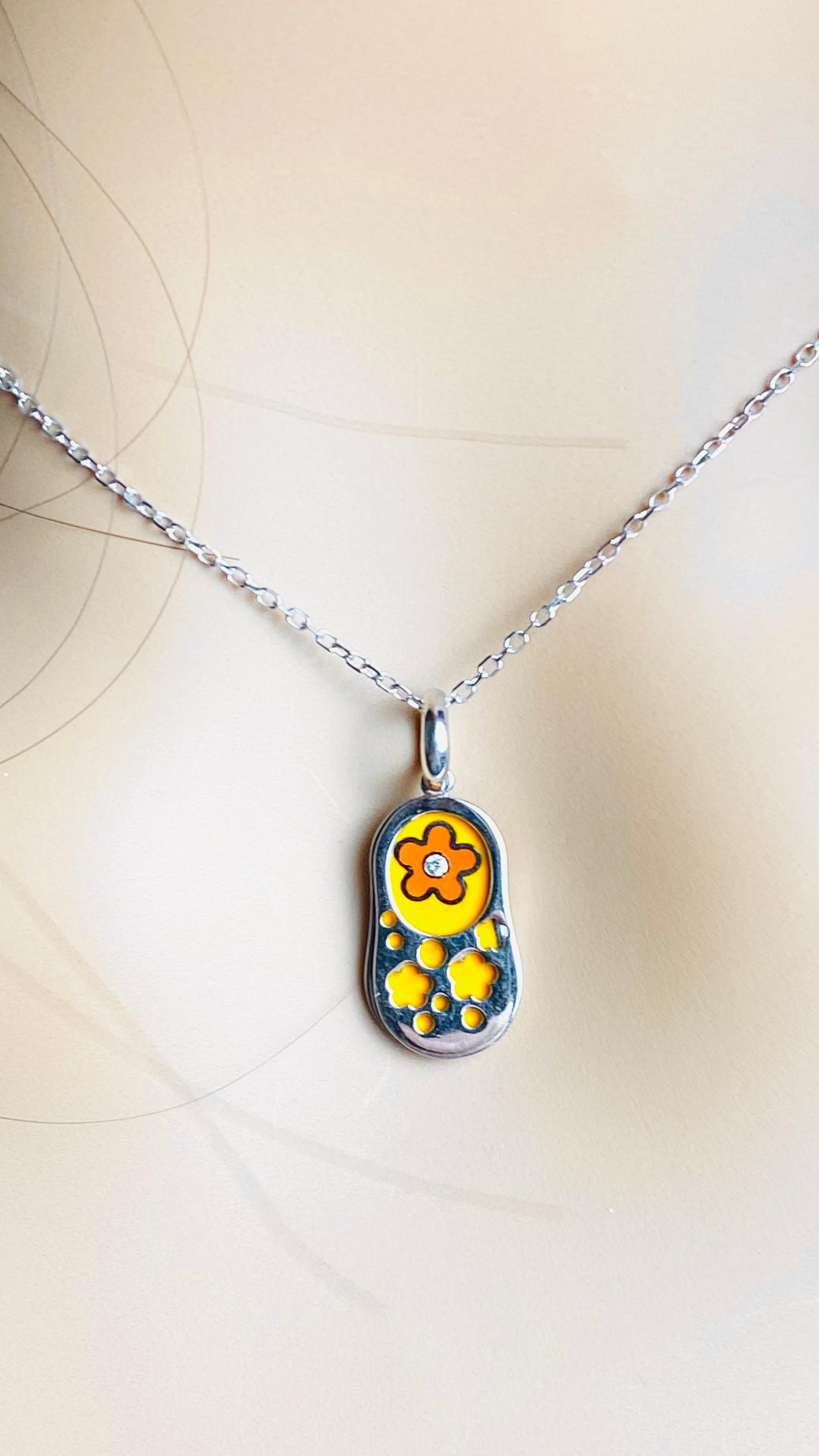 Aaron Basha 18K White Gold Diamond & Orange Enamel Flower Charm Pendant Necklace For Sale 2
