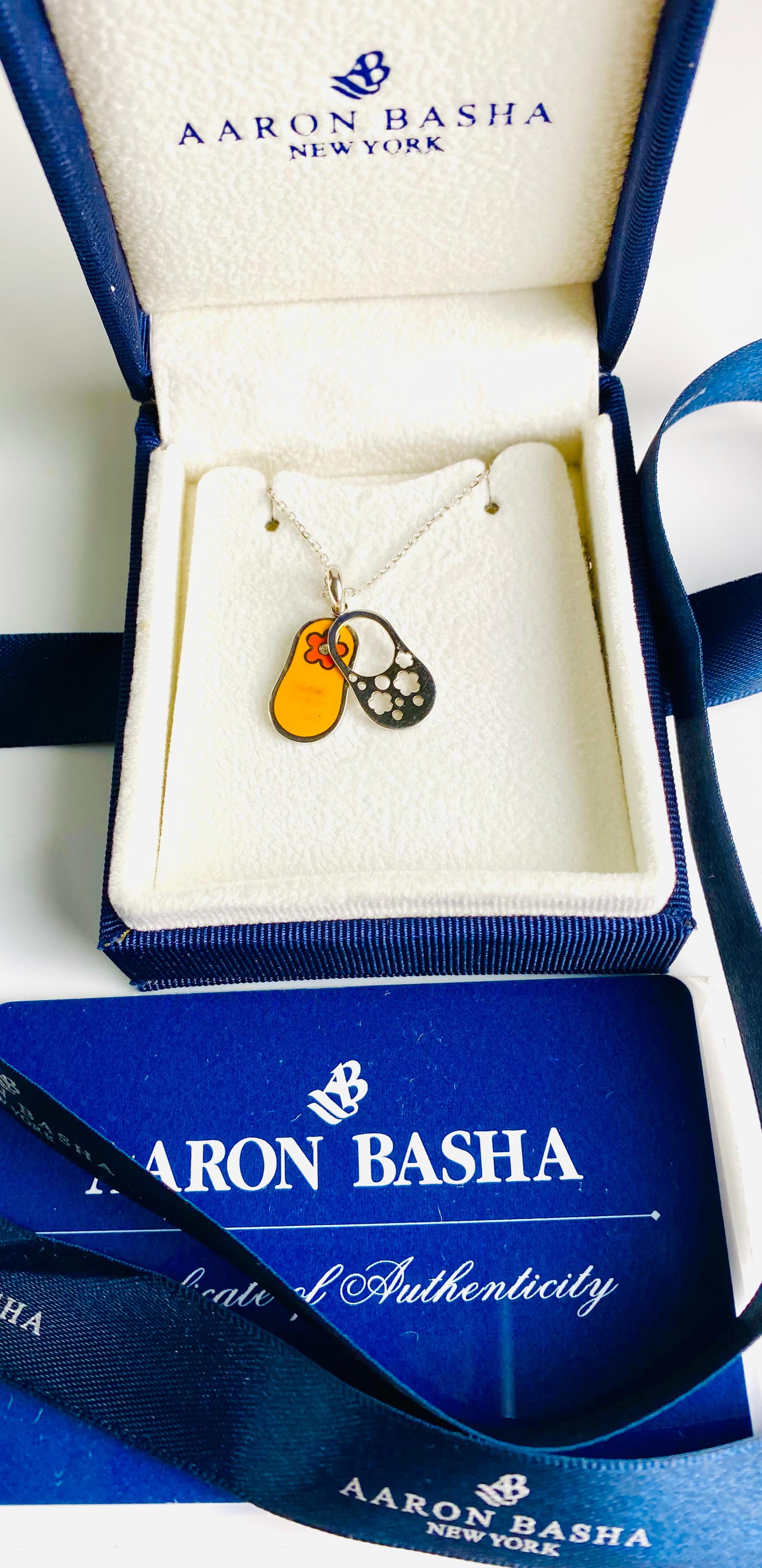 Modern Aaron Basha 18K White Gold Diamond & Orange Enamel Flower Charm Pendant Necklace For Sale