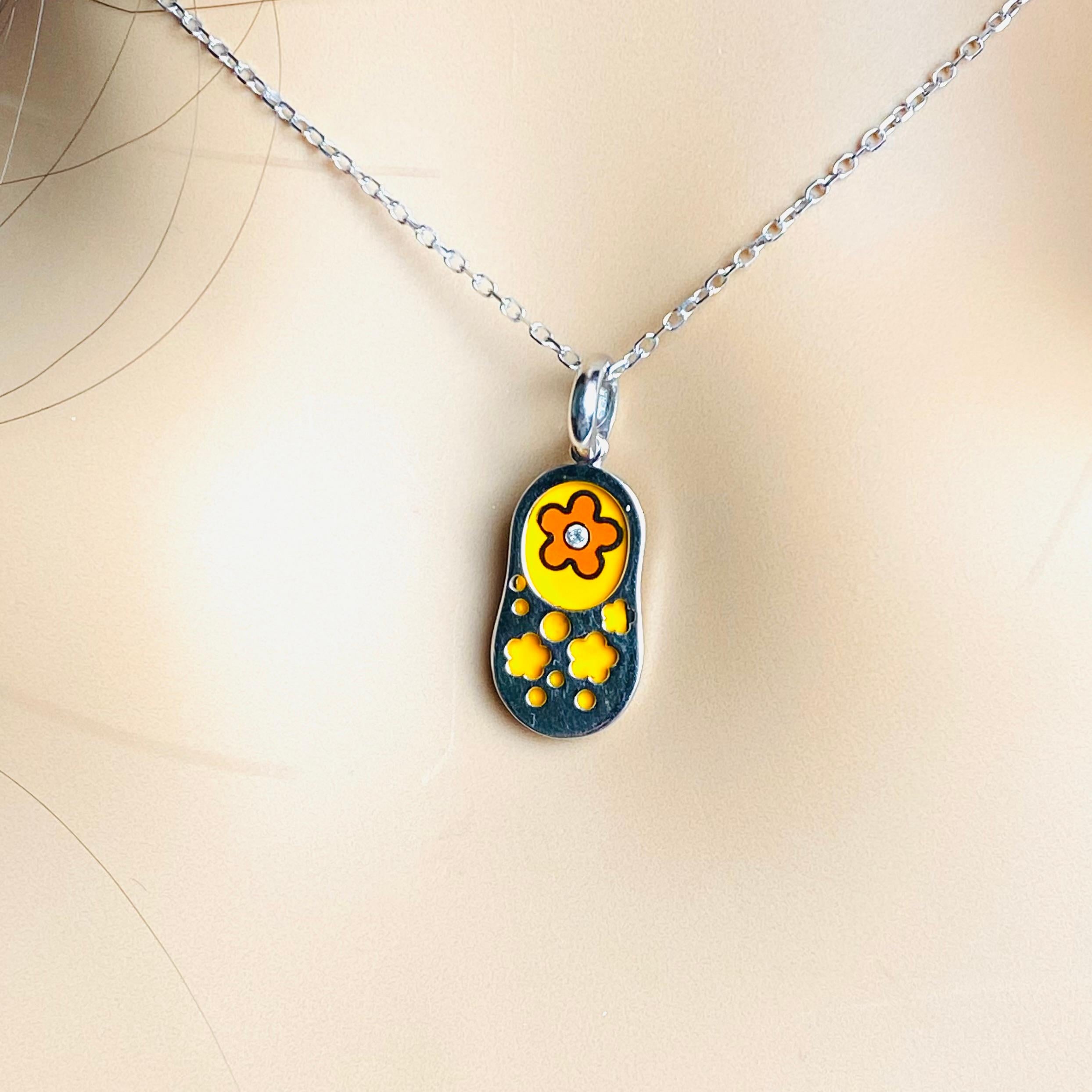 Round Cut Aaron Basha 18K White Gold Diamond & Orange Enamel Flower Charm Pendant Necklace For Sale