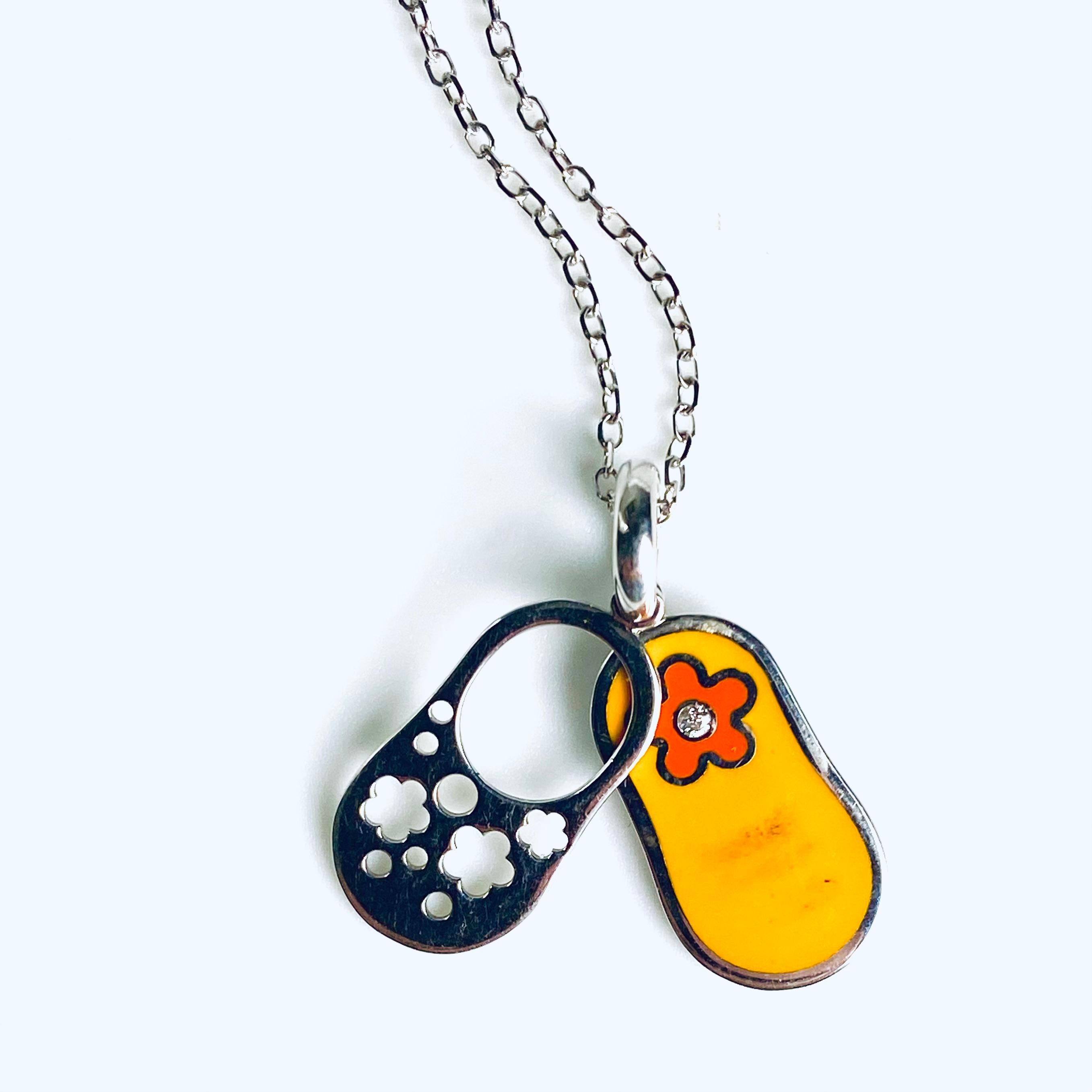 Aaron Basha 18K White Gold Diamond & Orange Enamel Flower Charm Pendant Necklace For Sale 1