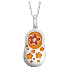 Aaron Basha Collar Colgante Flor de Oro Blanco de 18 K con Diamantes y Esmalte Naranja