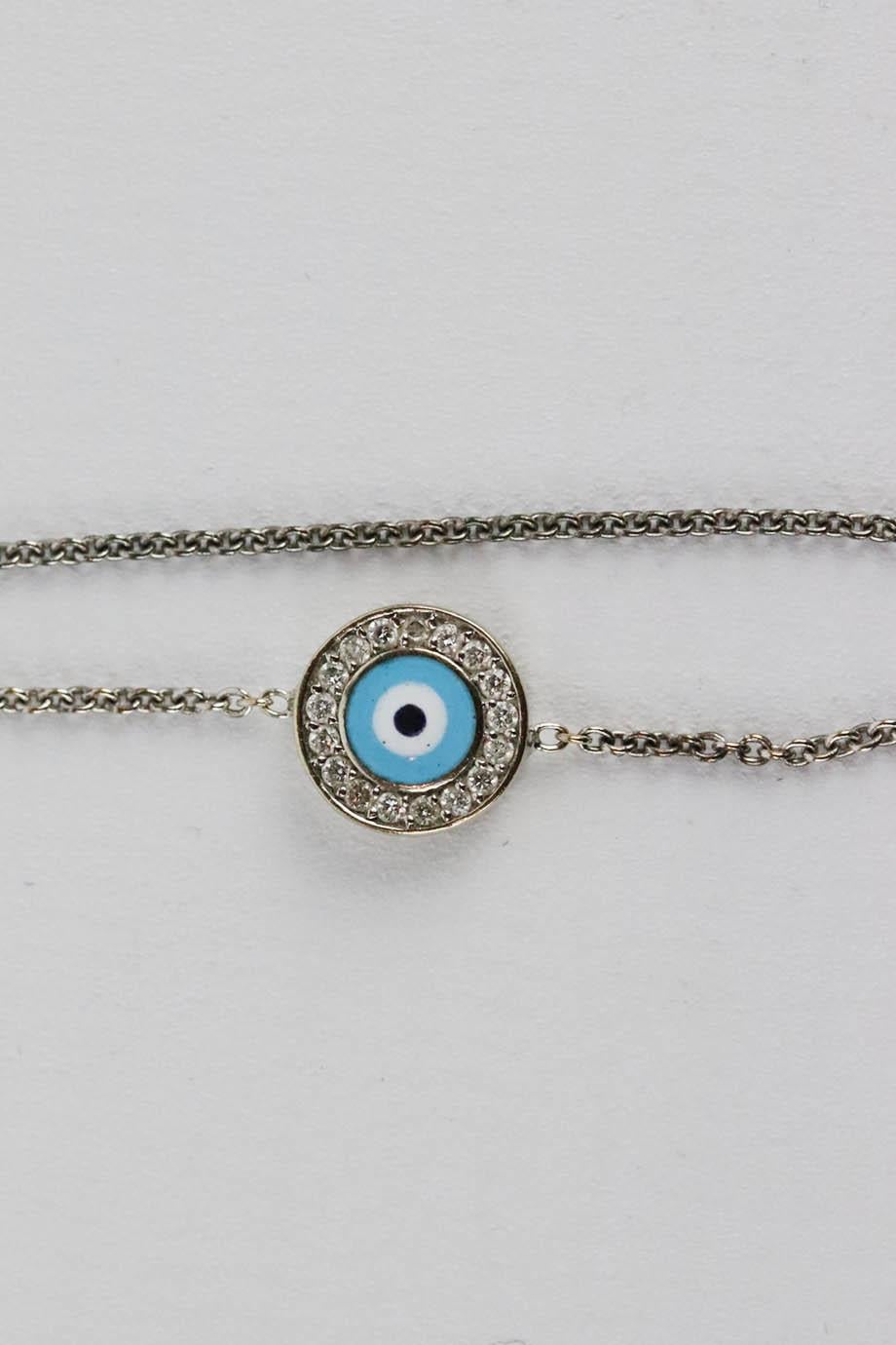 Aaron Basha 18k white gold evil eye bracelet. Silver-tone. Lobster clasp fastening at back. Does not come with box or dustbag. Min. Length: 7 in. Max. Length: 7.5 in
