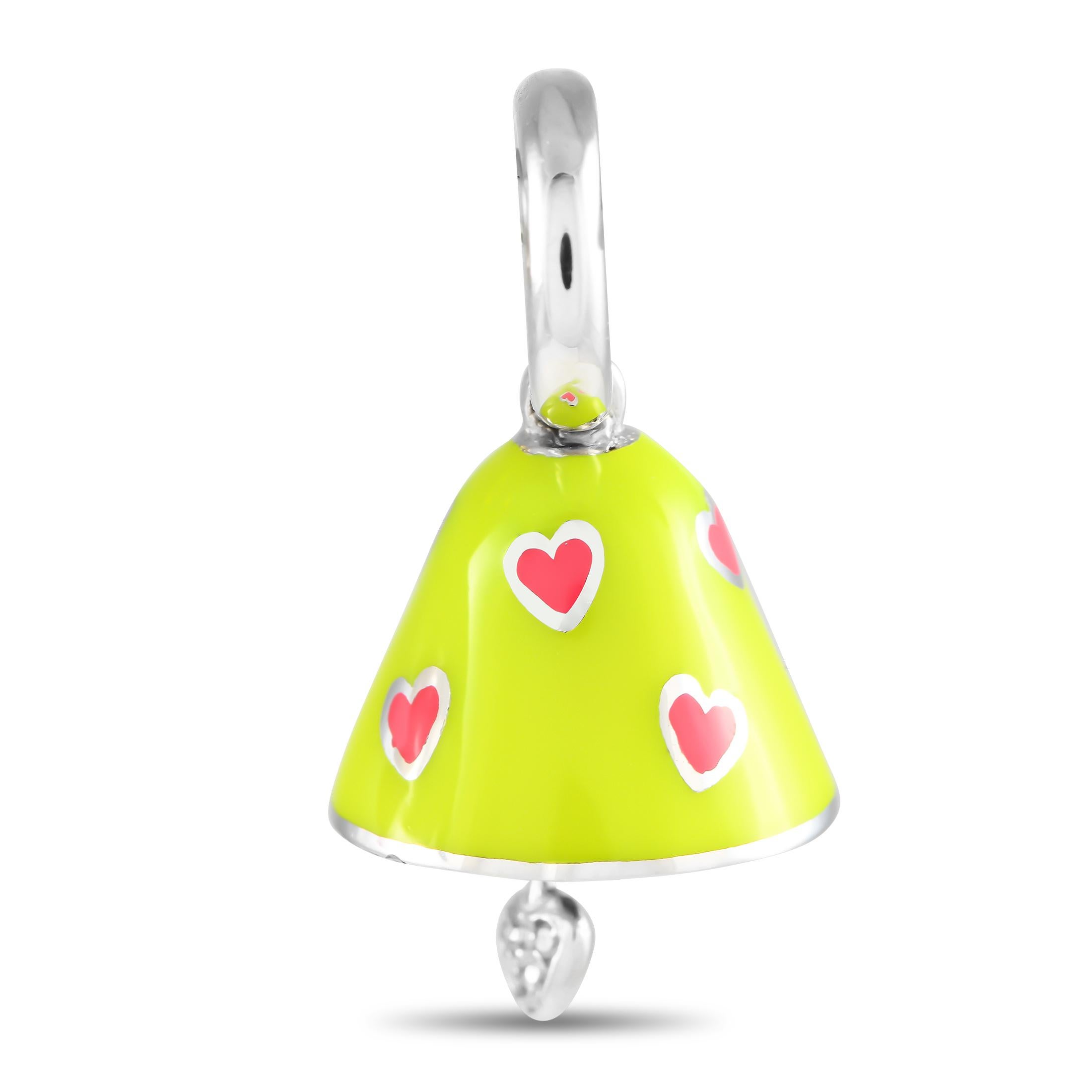 Those who favor the vibrant and the bold will love this Aaron Basha bell pendant. It is made from 18K white gold and finished in neon yellow enamel, decorated with bright pink hearts. A diamond-dotted heart dangles from the bell, serving as the