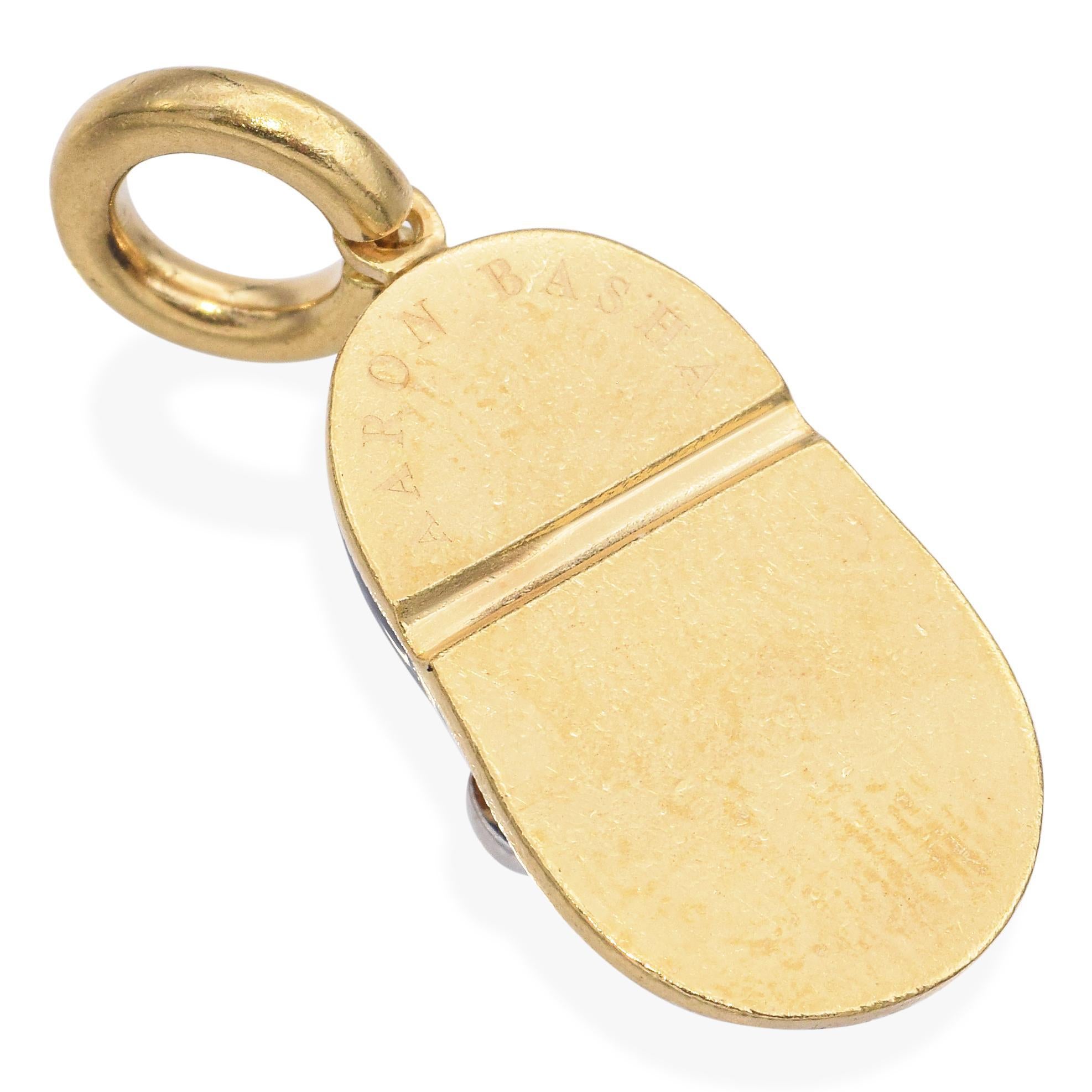 Uncut Aaron Basha 18K Yellow Gold and Diamond Blue Enamel Baby Shoe Charm Pendant For Sale