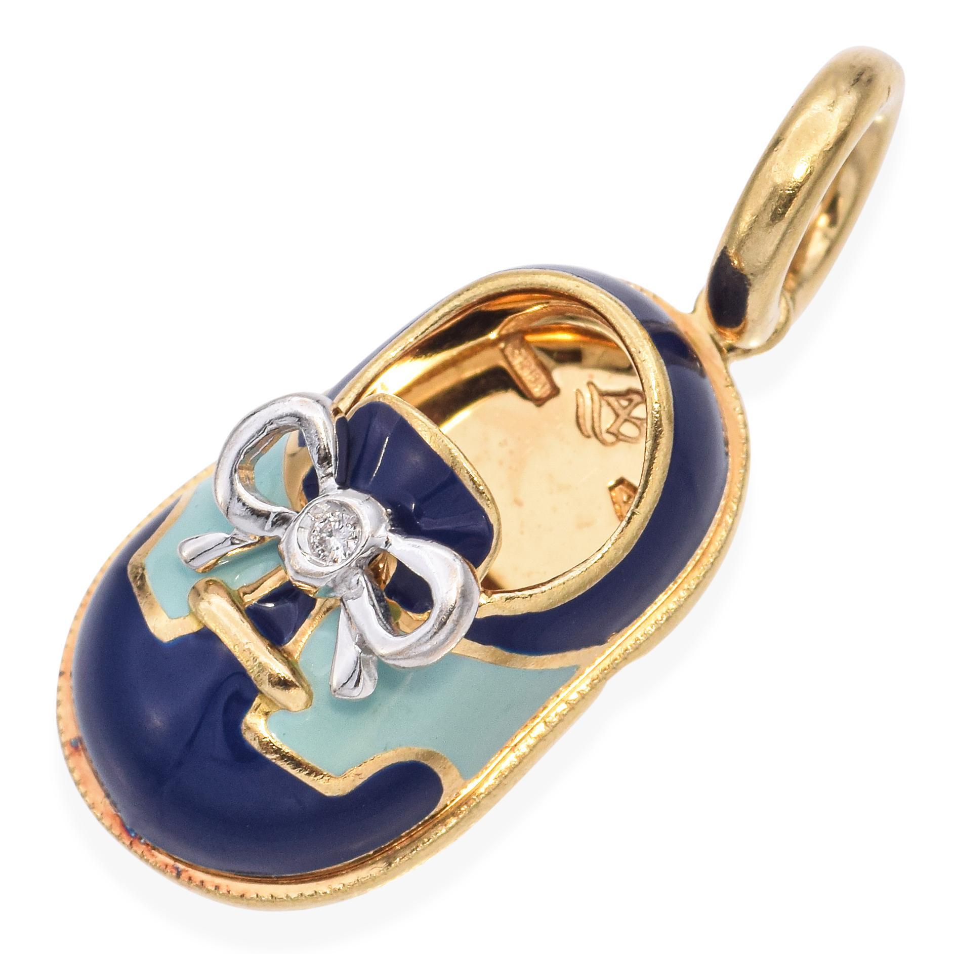 Aaron Basha 18K Yellow Gold and Diamond Blue Enamel Baby Shoe Charm Pendant In Good Condition For Sale In New York, NY