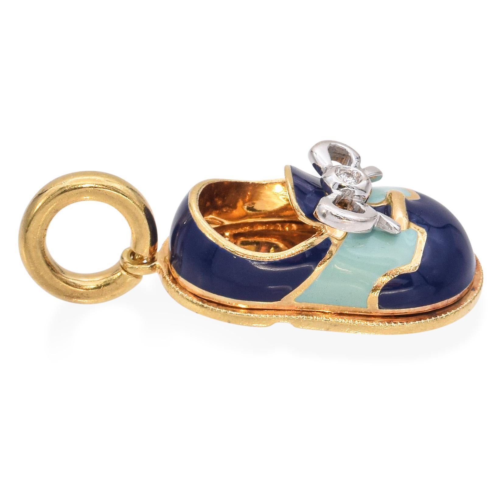 Women's Aaron Basha 18K Yellow Gold and Diamond Blue Enamel Baby Shoe Charm Pendant For Sale