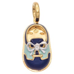 Aaron Basha 18K Yellow Gold and Diamond Blue Enamel Baby Shoe Charm Pendant