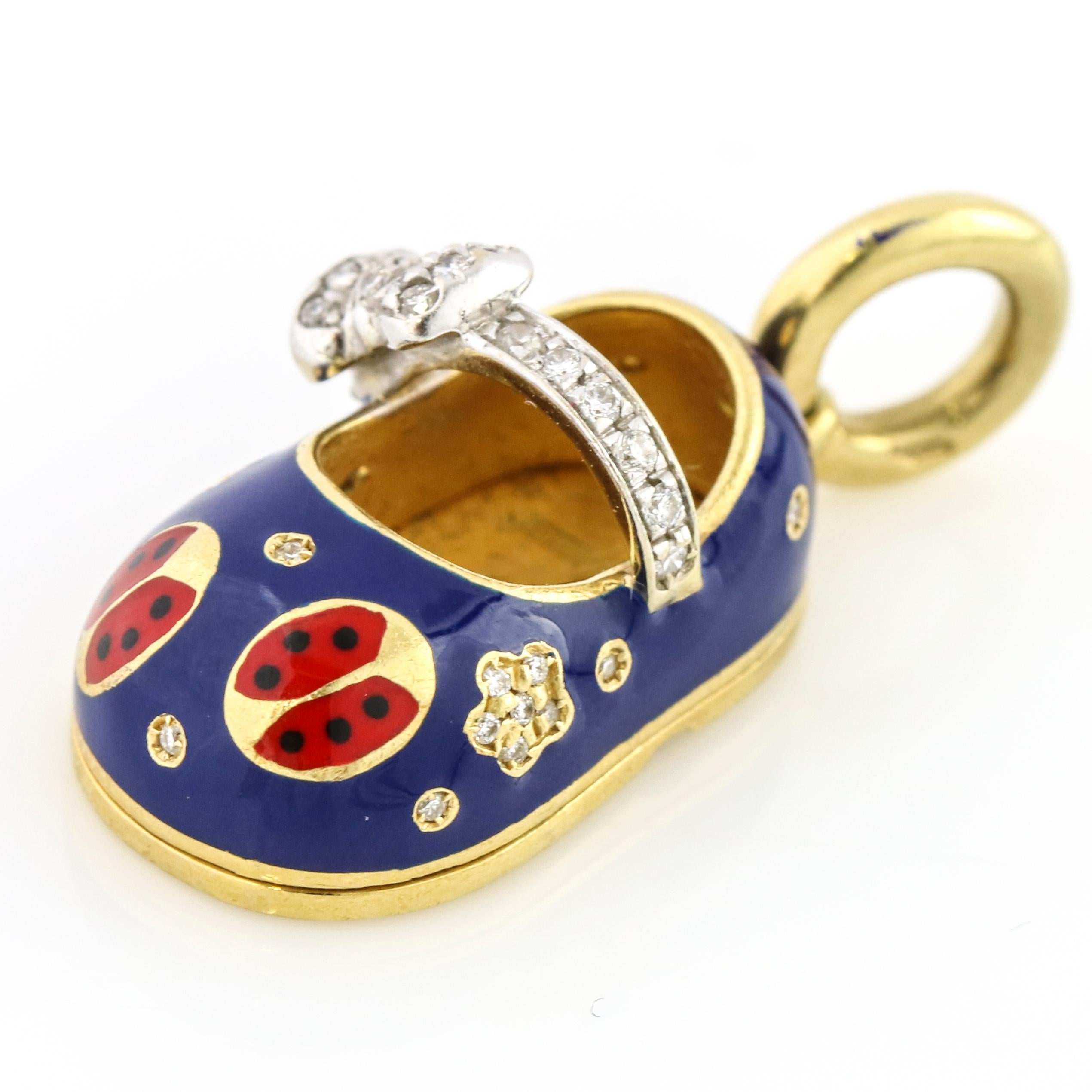 Aaron Basha ladybug baby show charm pendant with blue and red enamel design and a diamond bow and strap. 

Weight, 8.2 grams
Height, 22.5mm
Width, 13mm
Depth, 11mm
Length, 1.125 inches
Carat Total Weight, .15 carats