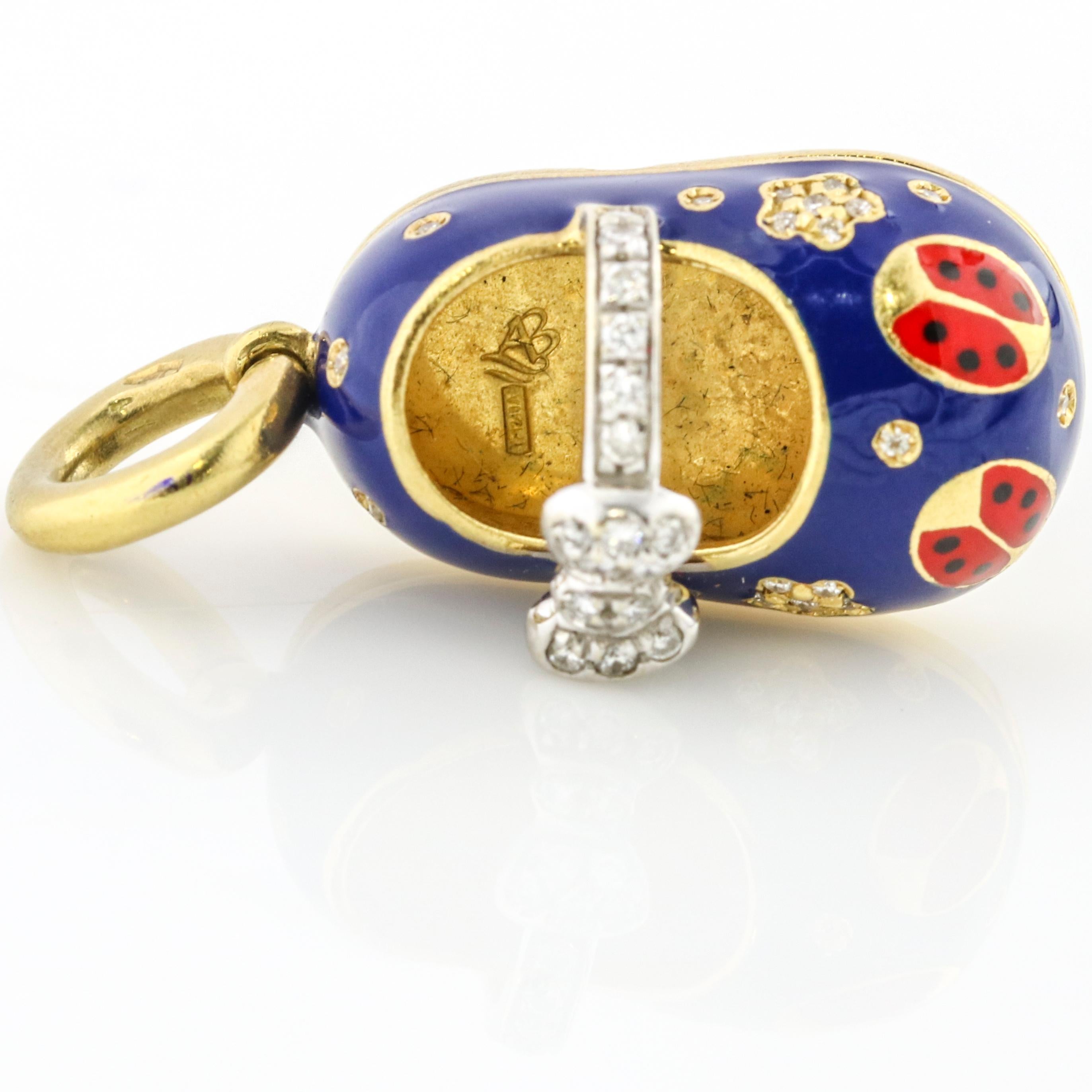 Round Cut Aaron Basha 18 Karat Yellow Gold Blue Red Enamel Diamond Ladybug Shoe For Sale