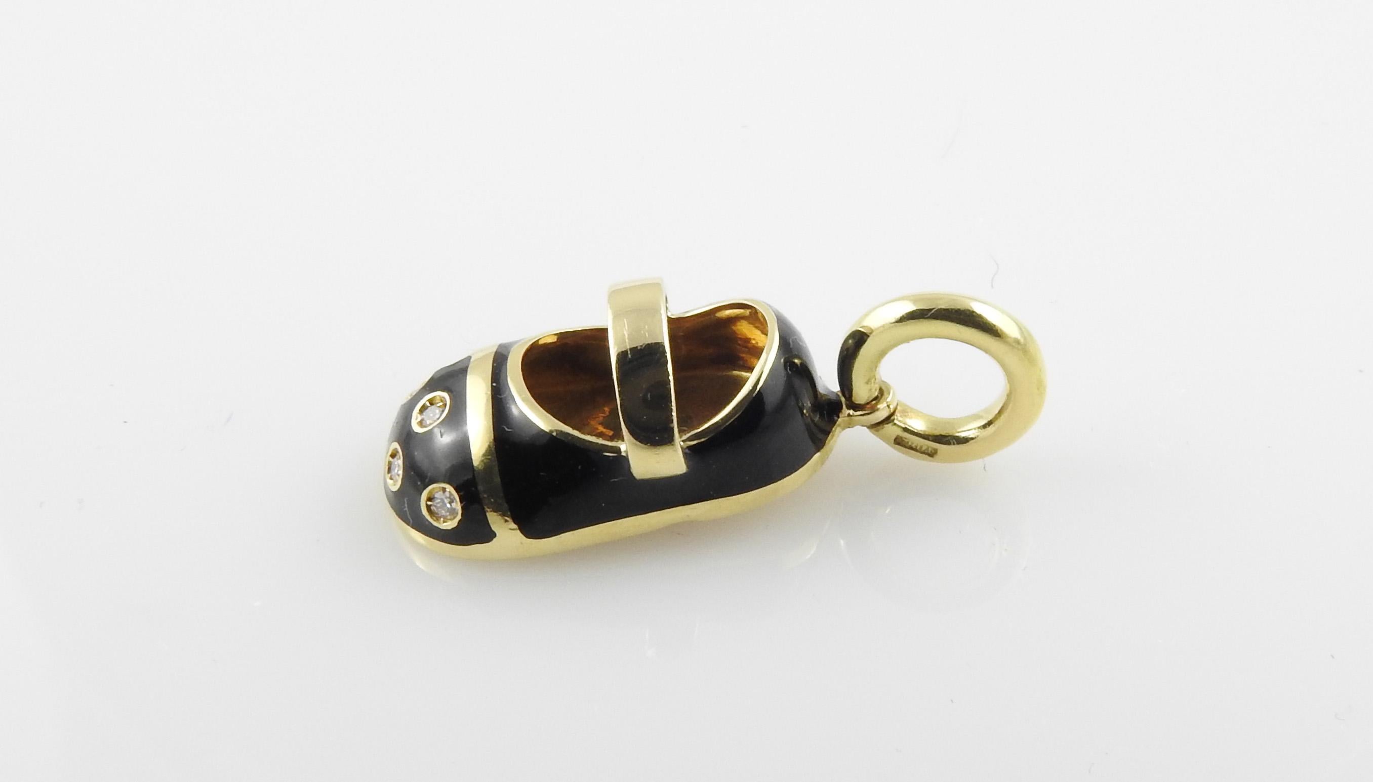Round Cut Aaron Basha 18 Karat Gold Diamond and Black Enamel Baby Shoe Charm or Pendant