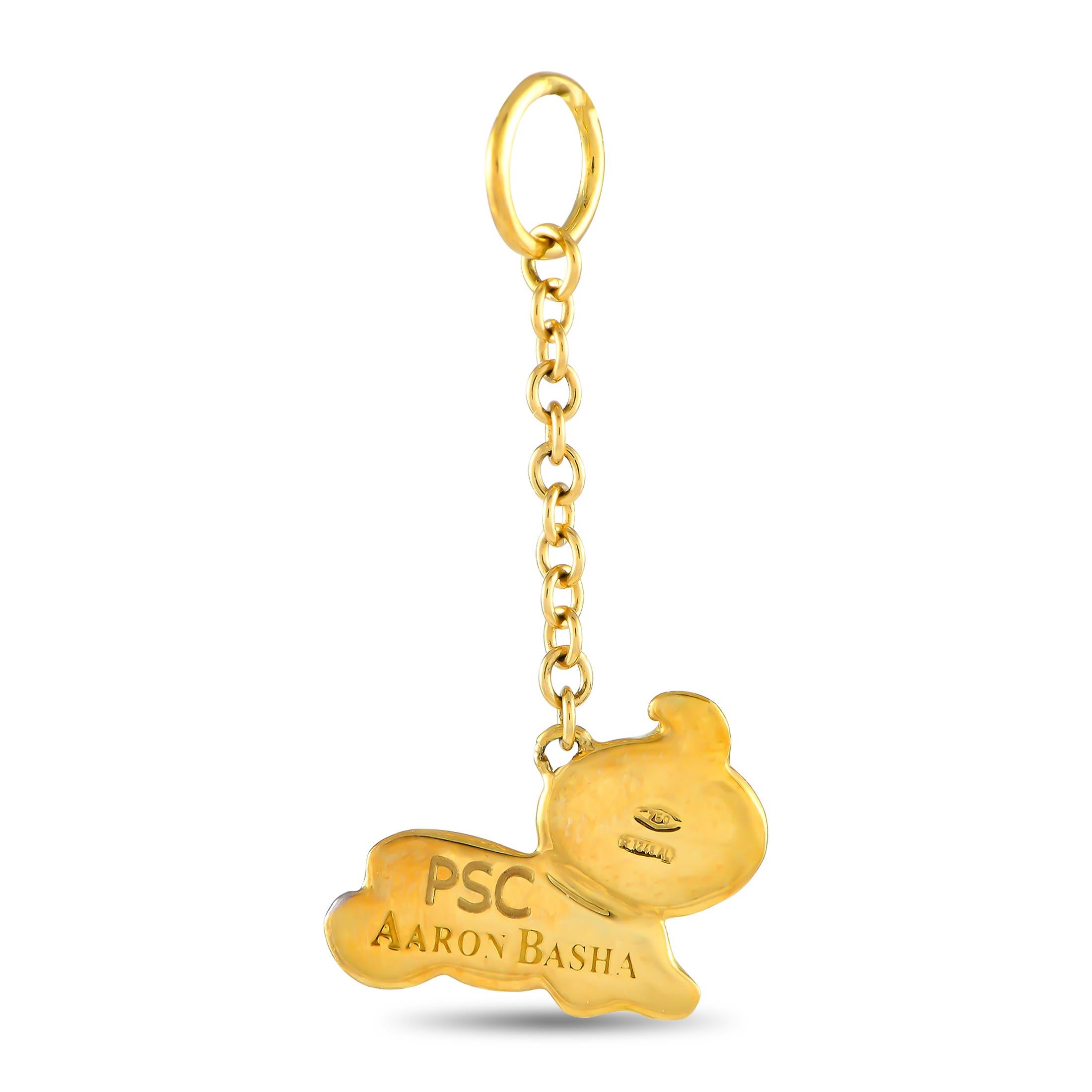 Any parent or grandparent will appreciate this adorable Aaron Basha pendant. Colorful enamel accents and inset Diamonds add a touch of luxury to this 18K Yellow Gold pendant, which depicts a happy crawling baby in a pink outfit. It measures 1.25