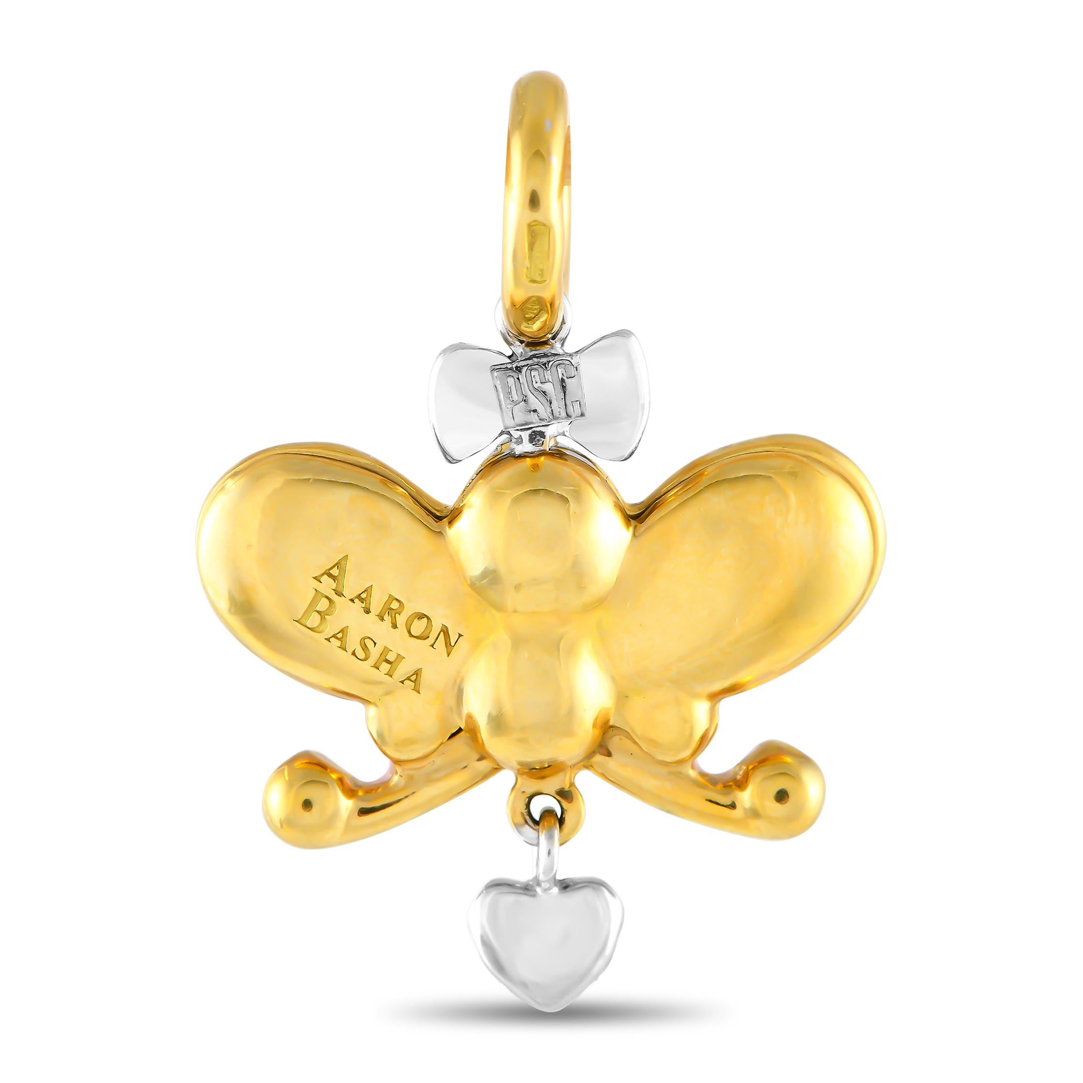 This Aaron Basha butterfly charm is full of adorable details. Heart motifs on the white and pink enamel wings make it instantly captivating, while inset Diamonds add sparkle to the bow and dangling heart detail. Crafted from 18K Yellow Gold, it