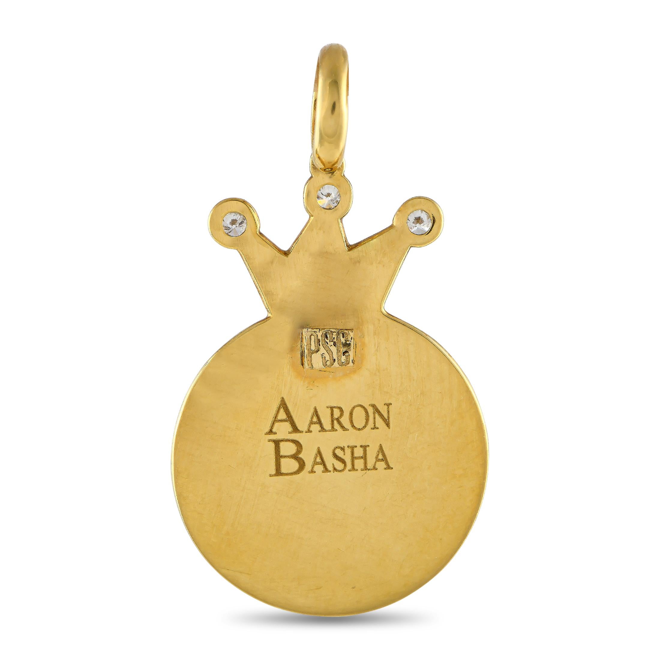 This Aaron Basha charm is incredibly fun. The smiley face design comes to life thanks to red enamel accents. A trio of round-cut Diamonds also add a touch of luxury to this pieces 18K Yellow Gold crown. It measures 1.15 long by 0.65 wide.This