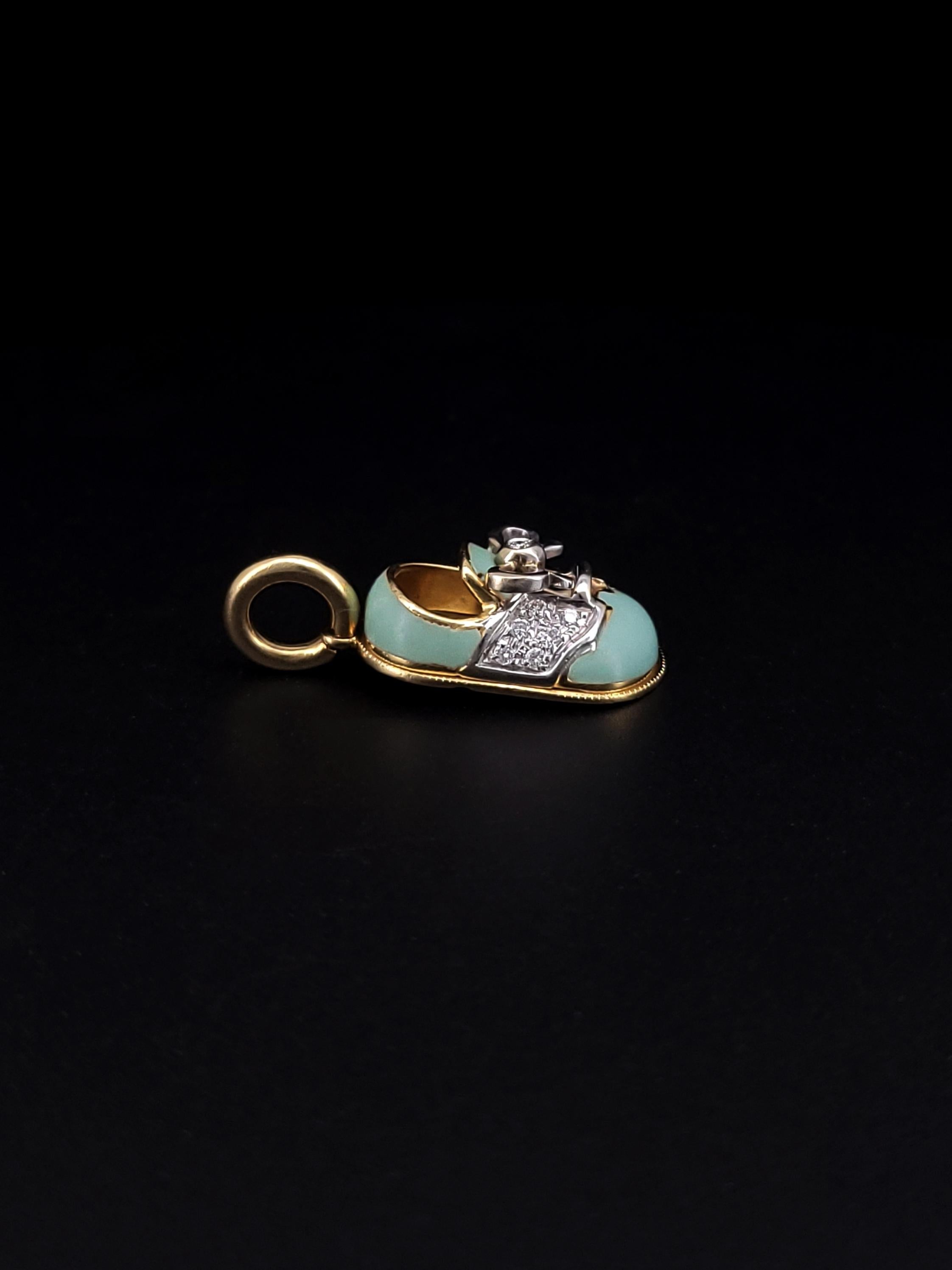 Round Cut Aaron Basha 18K Yellow Gold Diamond Baby Shoe The Classic Saddle Pendant For Sale