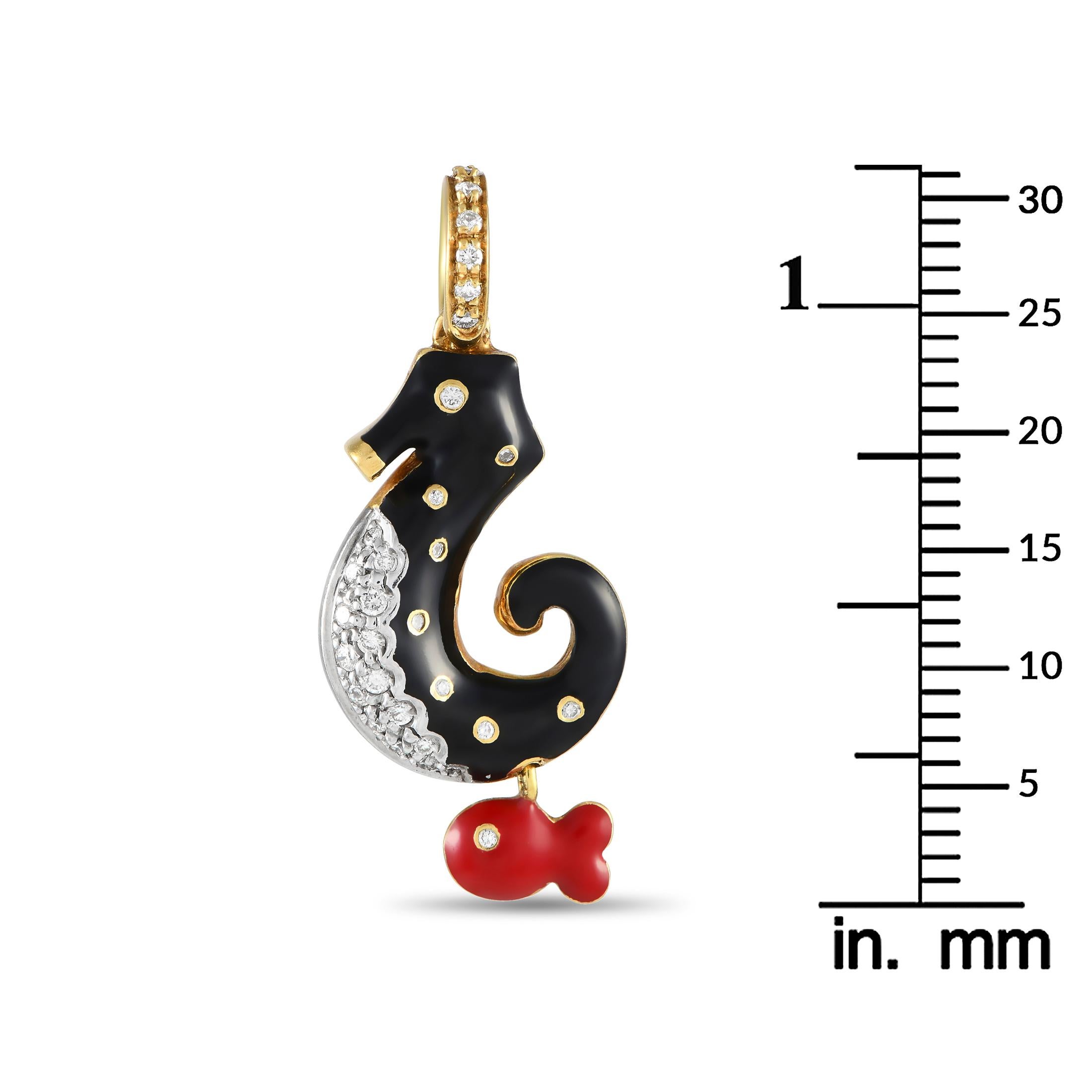 Round Cut Aaron Basha 18K Yellow Gold Diamond Black Red Enamel Seahorse Charm AB03-111524 For Sale