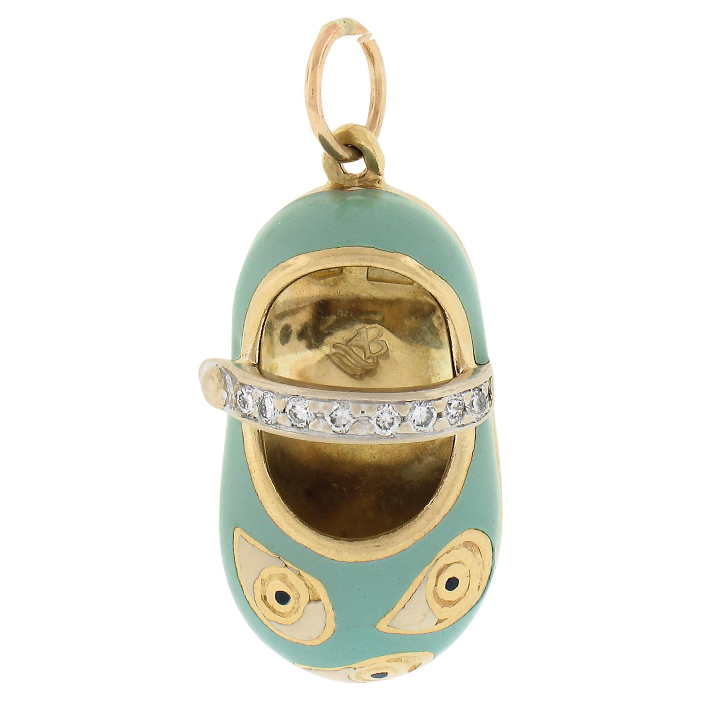 Aaron Basha 18k Yellow Gold Diamond Blue Enamel Evil Eye Baby Shoe Charm Pendant