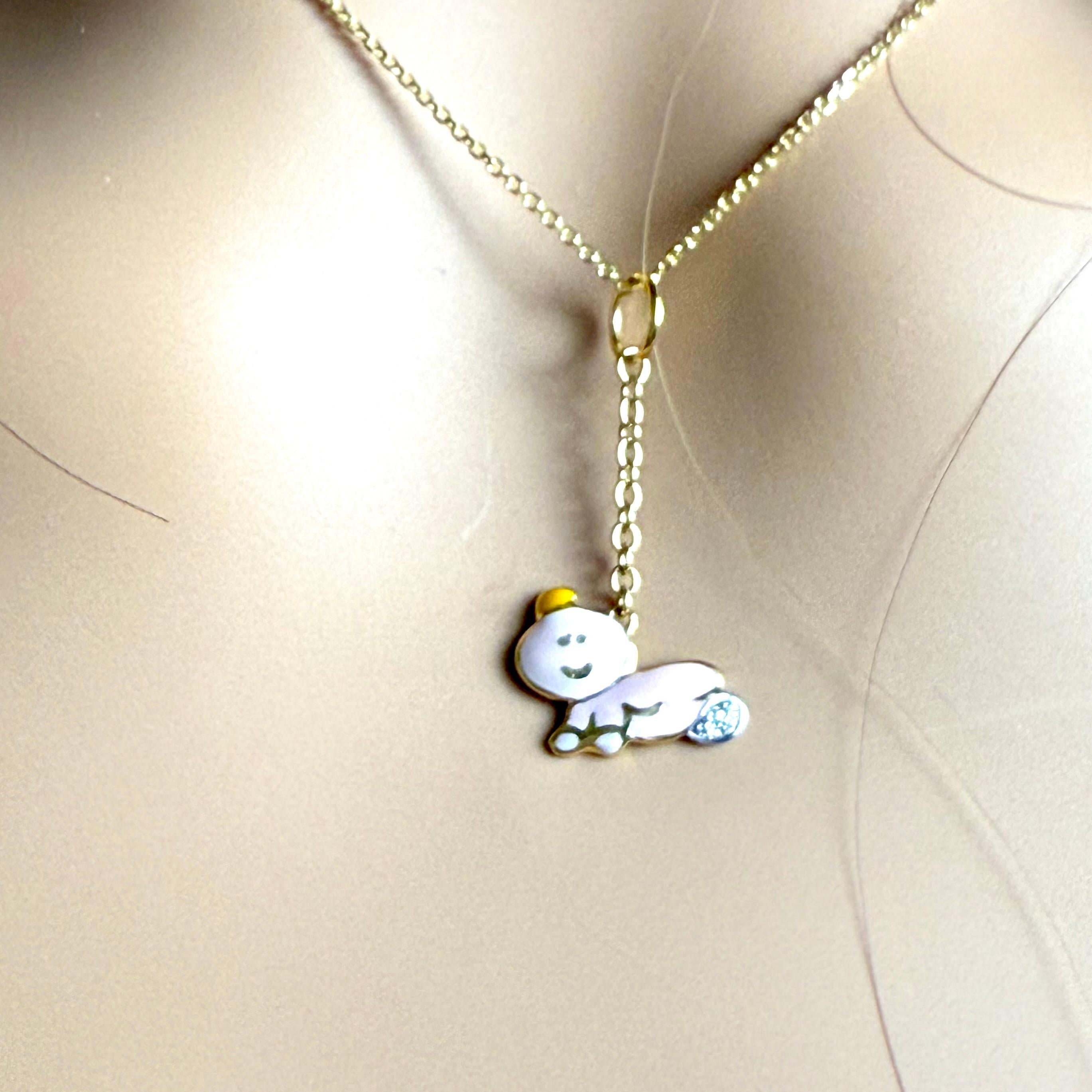 Aaron Basha 18K Yellow Gold Diamond Pink Enamel Baby Charm Pendant Necklace In condizioni Nuovo in vendita a New York, NY