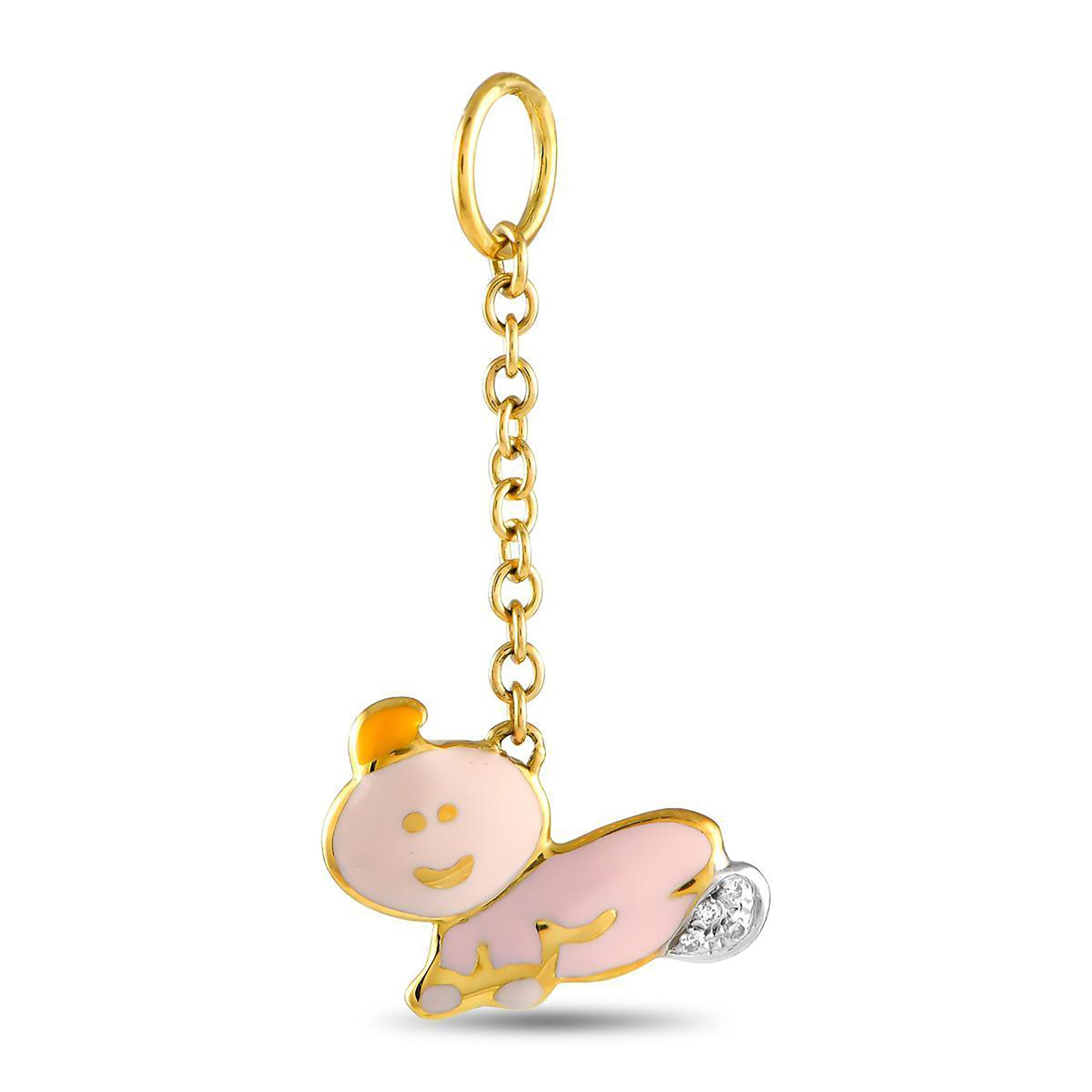 Donna Aaron Basha 18K Yellow Gold Diamond Pink Enamel Baby Charm Pendant Necklace in vendita