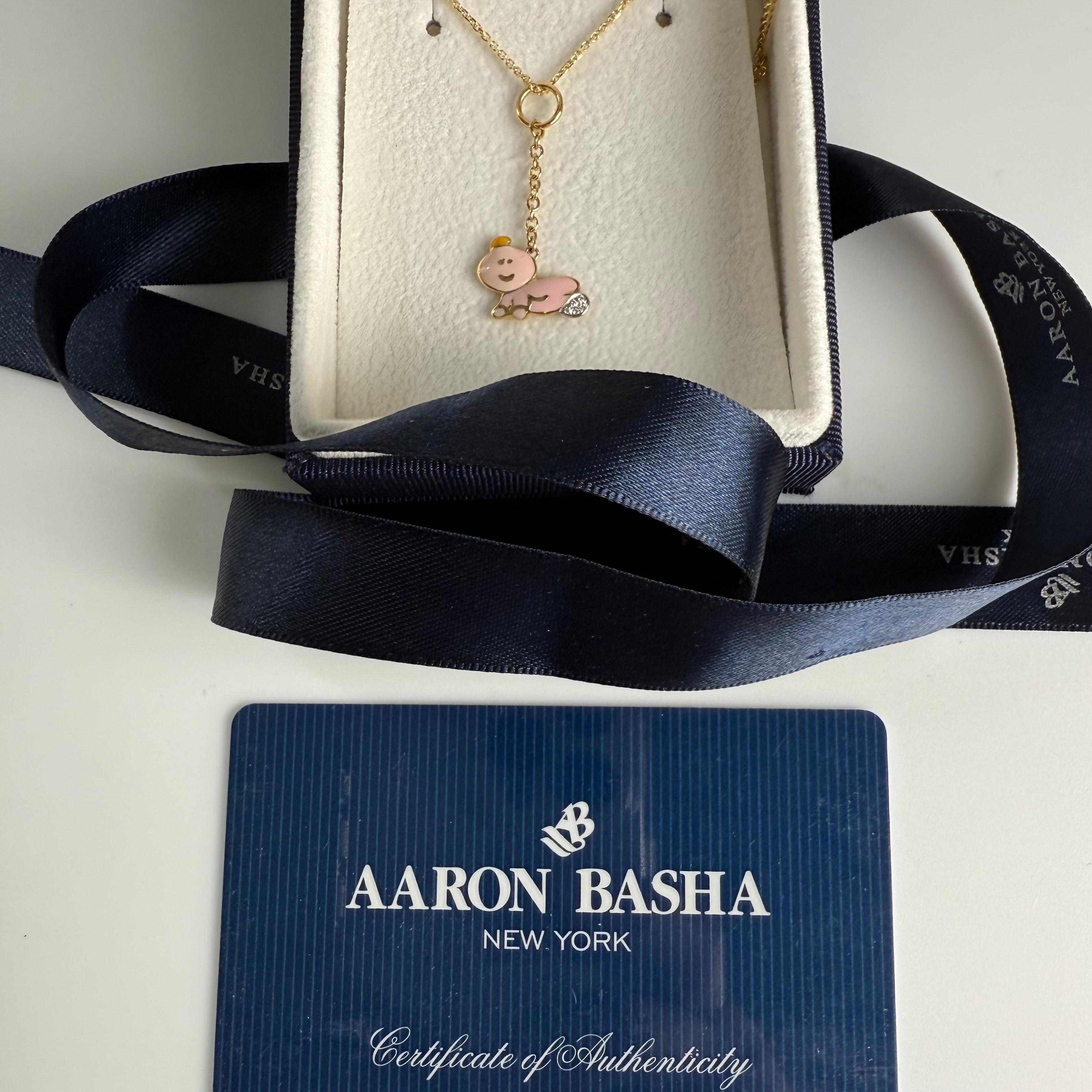 Aaron Basha 18K Yellow Gold Diamond Pink Enamel Baby Charm Pendant Necklace in vendita 1