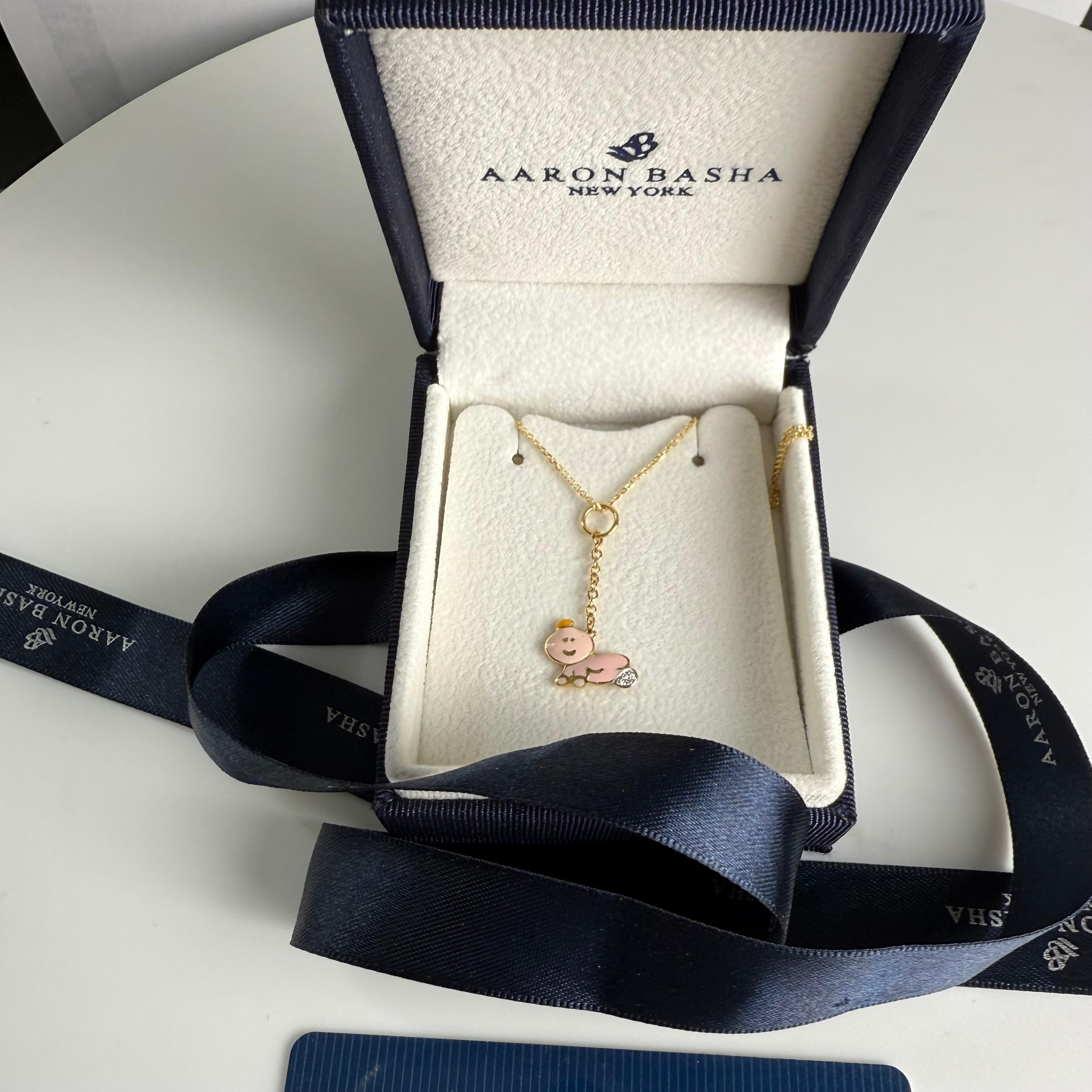 Aaron Basha 18K Yellow Gold Diamond Pink Enamel Baby Charm Pendant Necklace in vendita 3