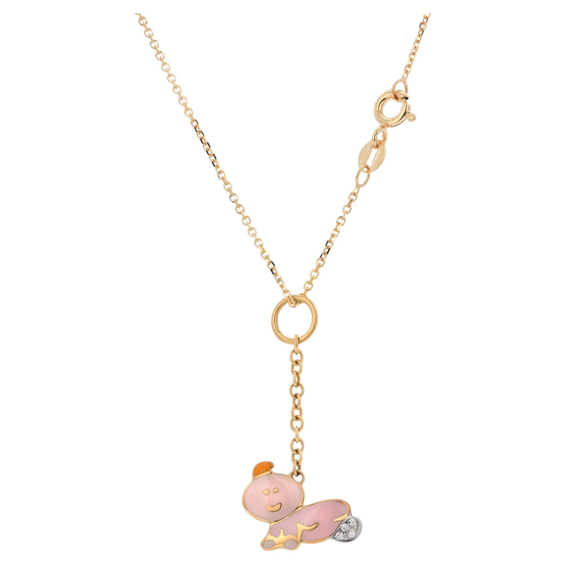 Aaron Basha Collier pendentif à breloques pour bébé en or jaune 18K avec diamants et émail rose en vente