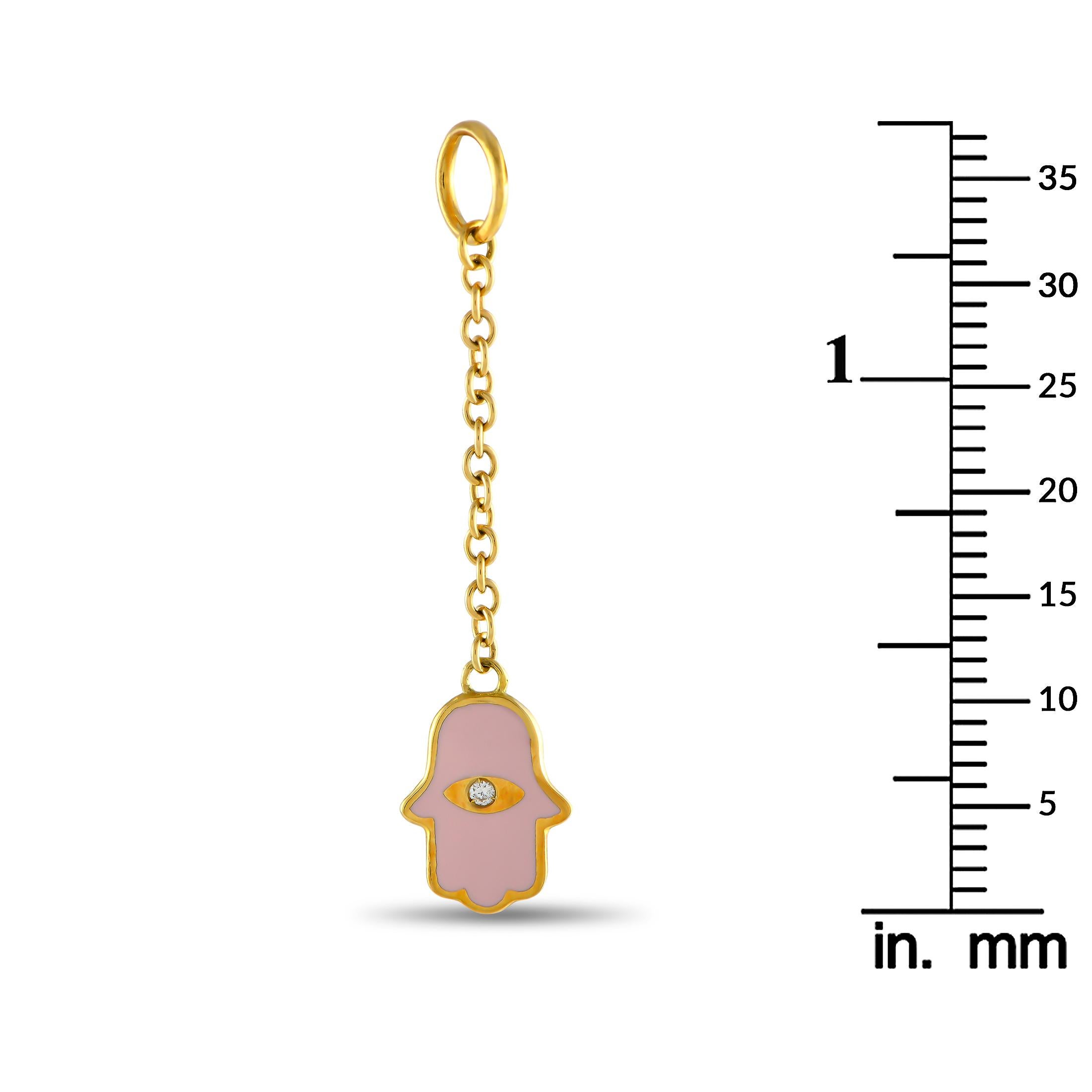 Round Cut Aaron Basha 18K Yellow Gold Diamond & Pink Enamel Hamsa Charm PendantAB11-111824 For Sale