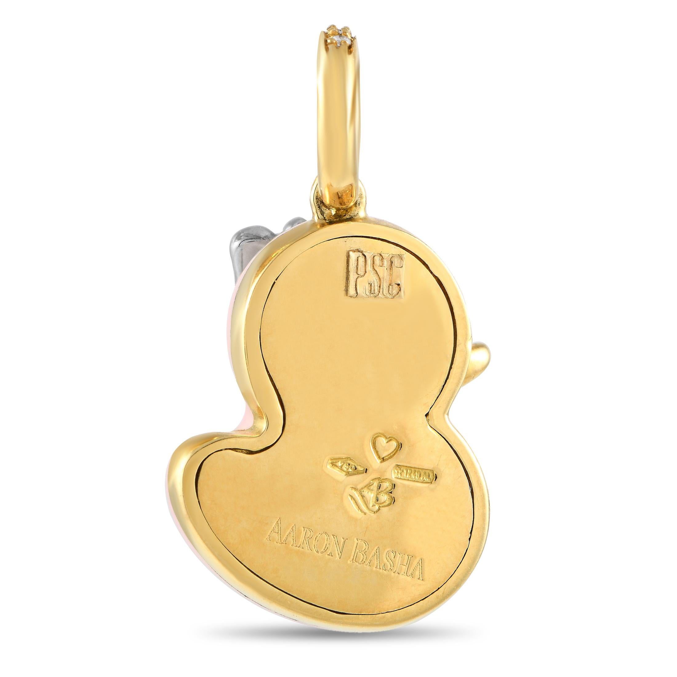 Let this cute rubber duckie charm help you tell a story through your jewelry. This Aaron Basha creation is rendered in solid 18K yellow gold. It features a 2D rubber duckie charm finished in baby pink and baby blue enamel. Petite round diamonds on