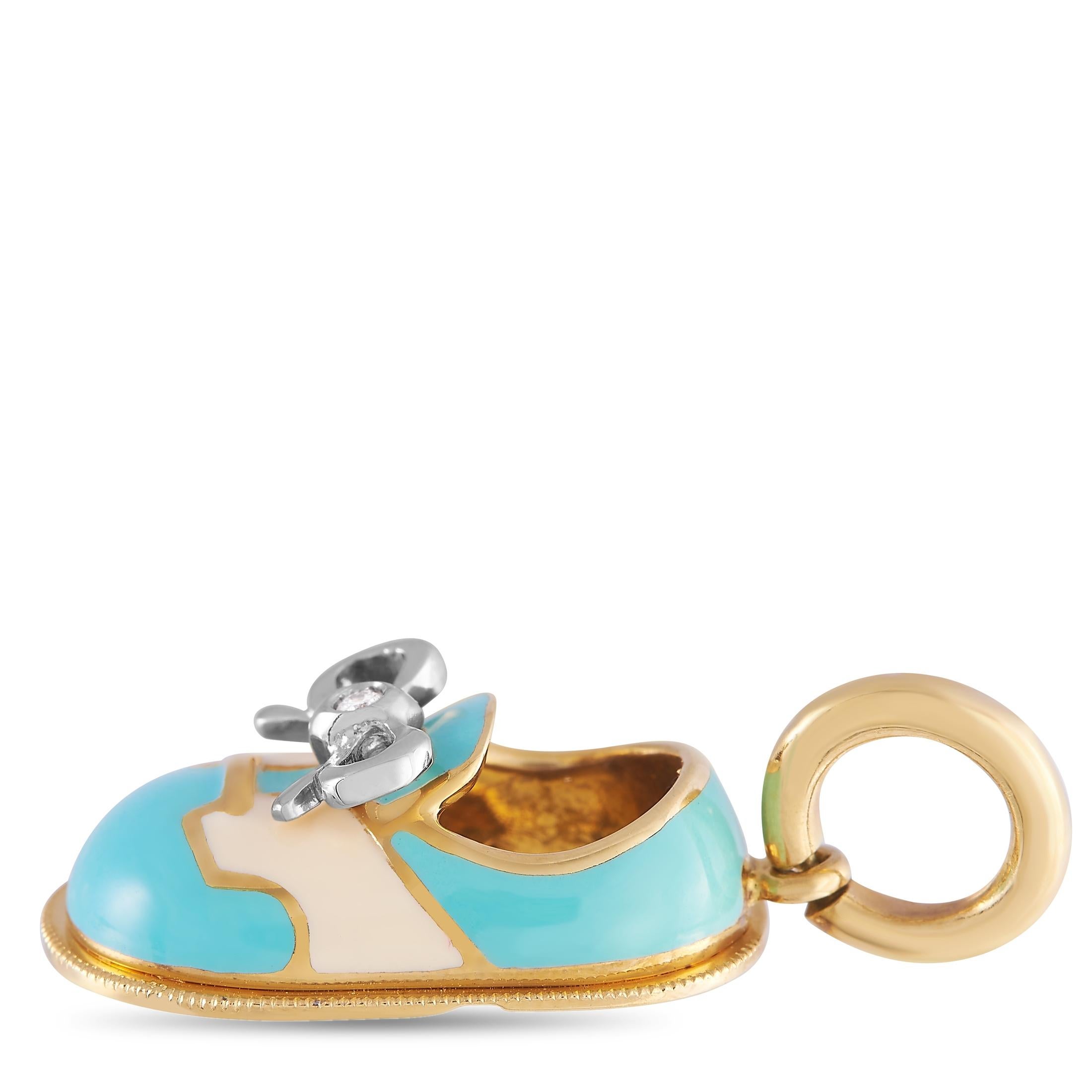 Celebrate a sweet milestone with the help of this opulent Aaron Basha pendant. Shaped like a baby shoe, this piece measures 1” long and is accented by charming blue and ivory enamel. It’s made from lustrous 18K Yellow Gold and can be attached to any