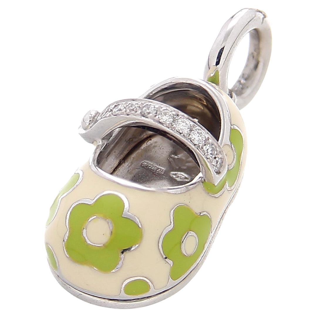 Aaron Basha 18kt White Gold Green Flowers White Diamonds Shoes Pendant For Sale