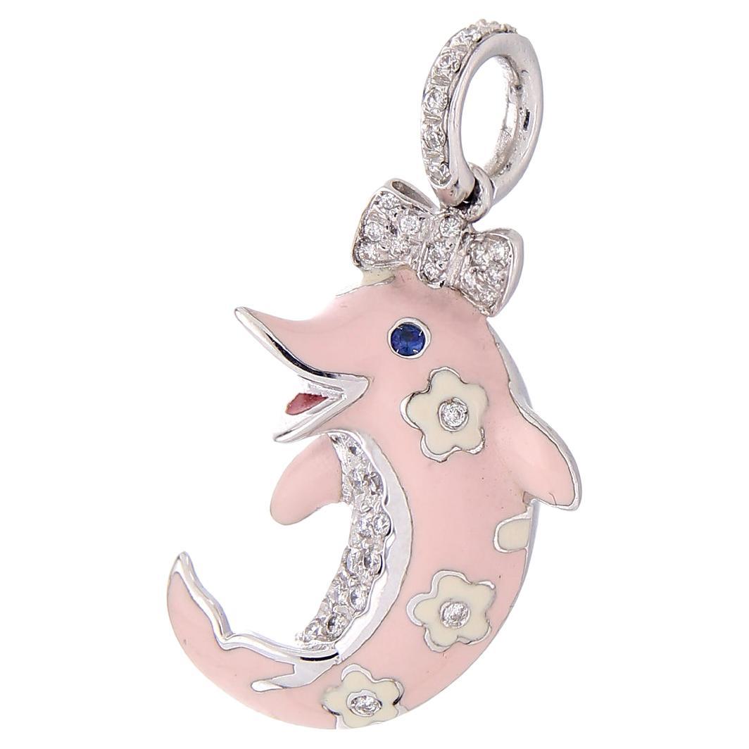 Aaron Basha 18kt White Gold Pink Dolphin Pendant For Sale