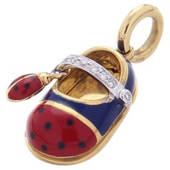Vintage Aaron Basha 18kt Yellow Gold Red & Blue Lucky Shoes Pendant
