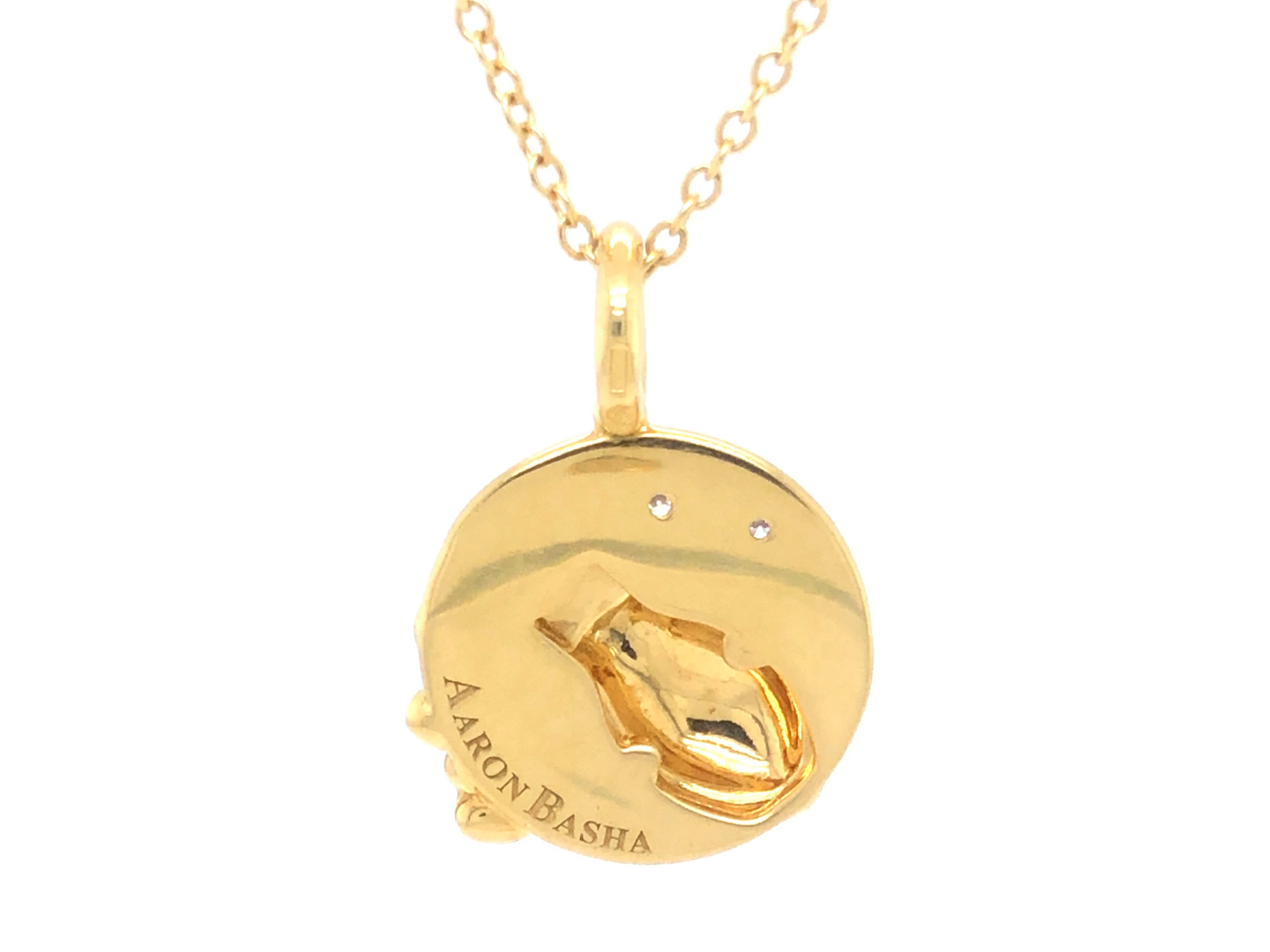 Aaron Basha Aquarius Enamel Diamond Pendant and Chain in 18k Yellow Gold In Excellent Condition For Sale In Honolulu, HI