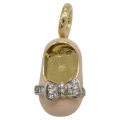 Aaron Basha Baby Shoe 18 Kt Yellow Gold  Pink Enamel & Natural Diamond Bow Charm