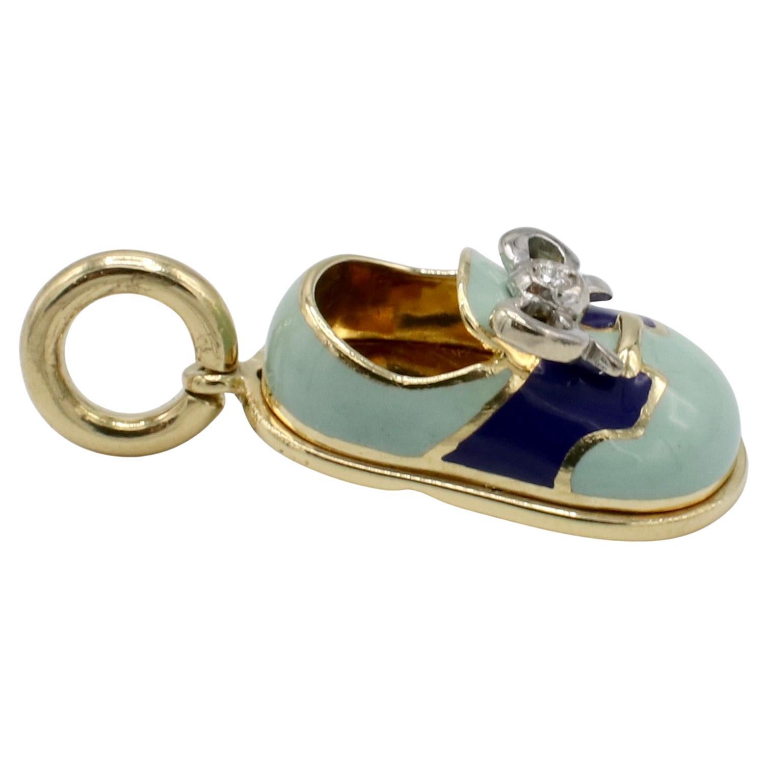 Modern Aaron Basha Baby Shoe 18Kt Yellow Gold Blue Enamel & Natural Diamond Bow Charm For Sale