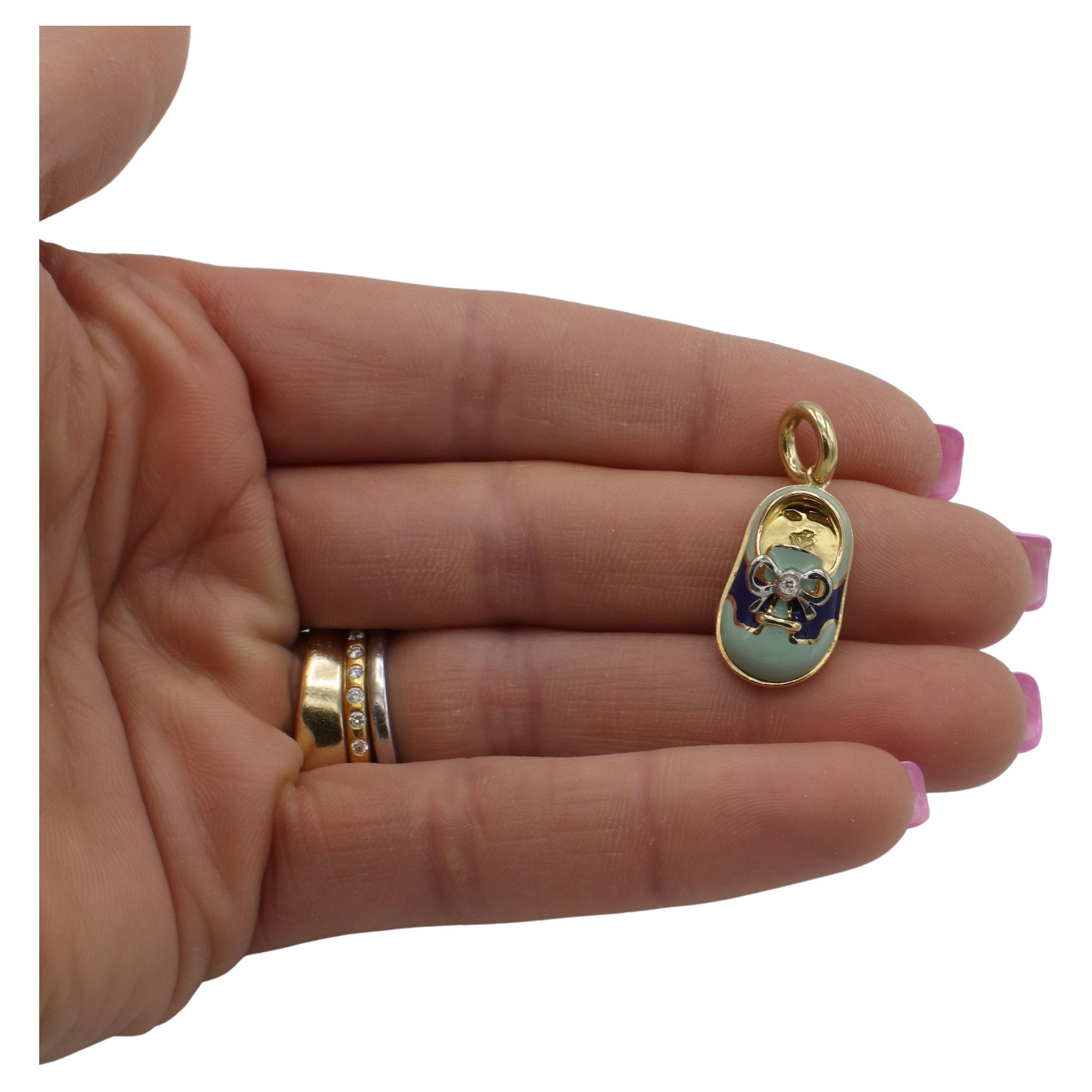 Aaron Basha Baby Shoe 18Kt Yellow Gold Blue Enamel & Natural Diamond Bow Charm In Excellent Condition For Sale In  Baltimore, MD