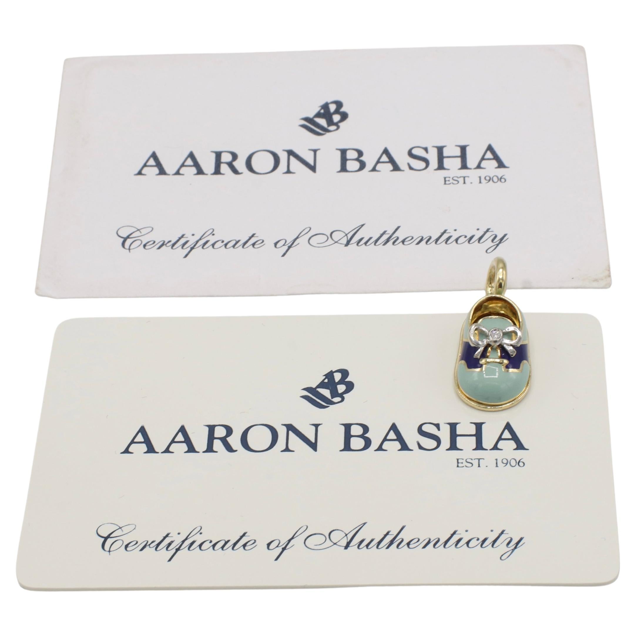 Women's or Men's Aaron Basha Baby Shoe 18Kt Yellow Gold Blue Enamel & Natural Diamond Bow Charm For Sale