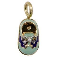 Aaron Basha Baby Shoe 18Kt Yellow Gold Blue Enamel & Natural Diamond Bow Charm