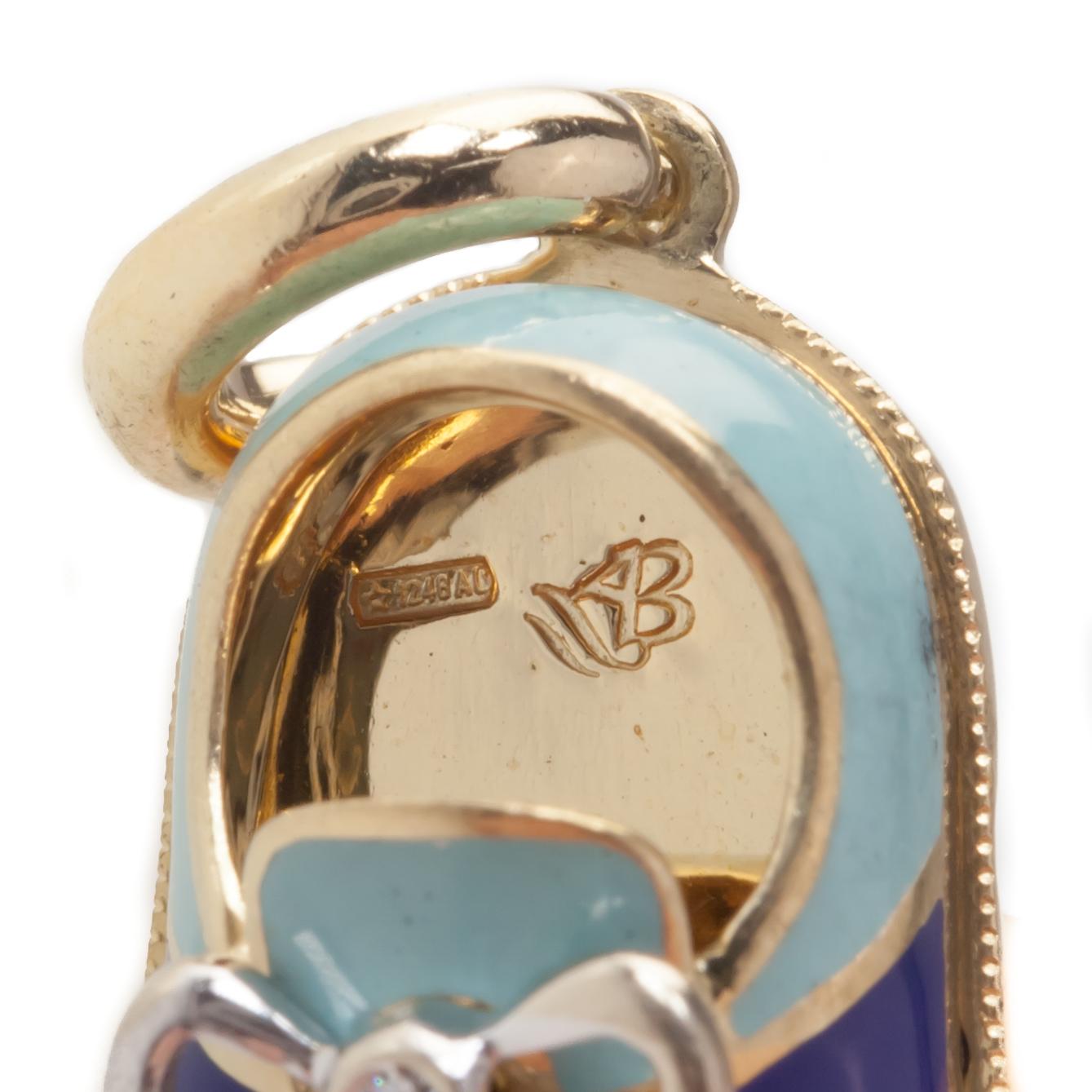 Round Cut Aaron Basha Blue Enamel and Diamond Shoe Pendant in Yellow Gold