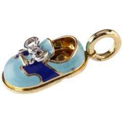 Aaron Basha Blue Enamel and Diamond Shoe Pendant in Yellow Gold