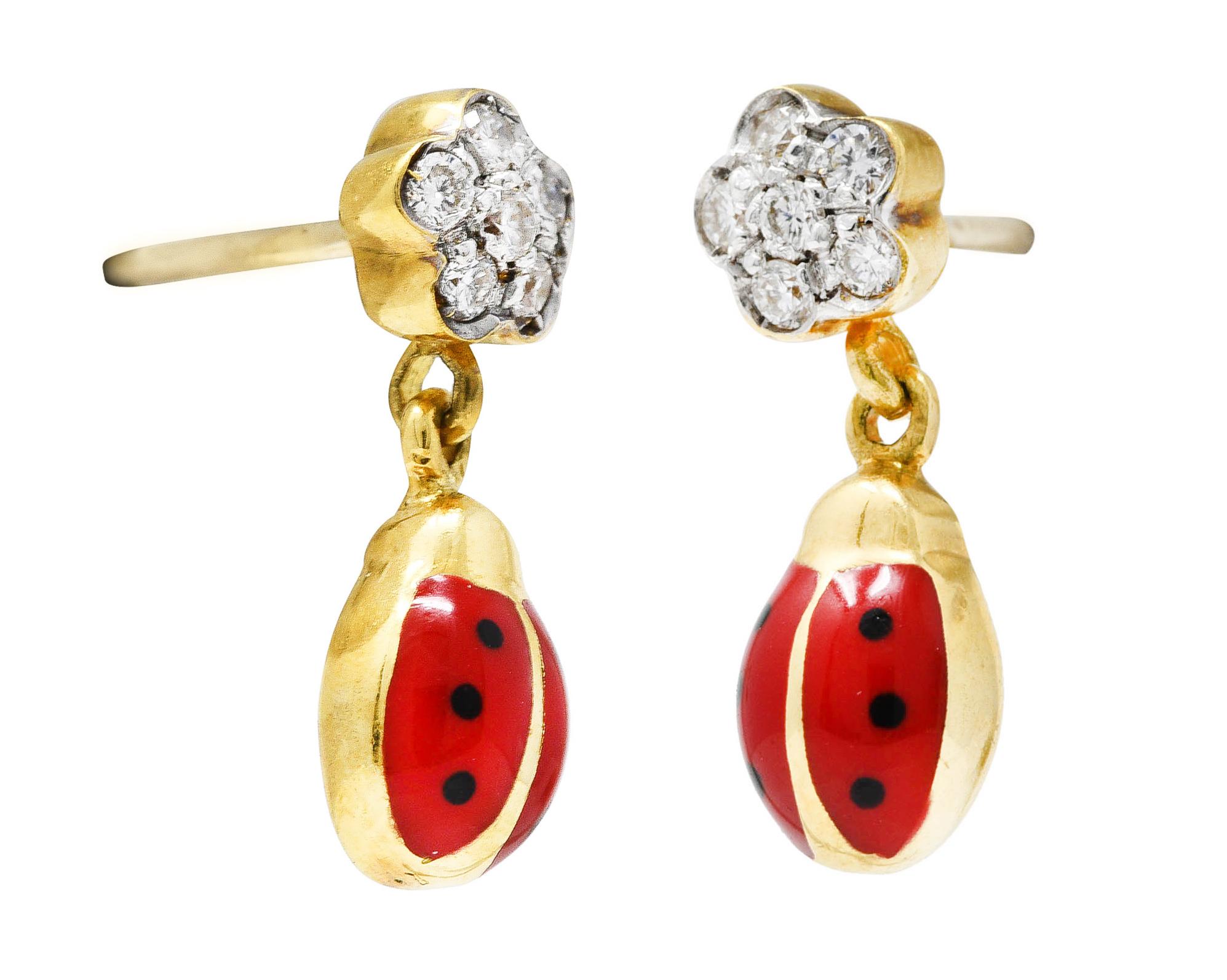 Aaron Basha Contemporary Diamond Enamel Two-Tone 18 Karat Gold Ladybug Earrings 1
