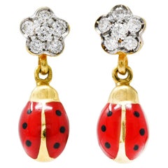 Aaron Basha Contemporary Diamond Enamel Two-Tone 18 Karat Gold Ladybug Earrings