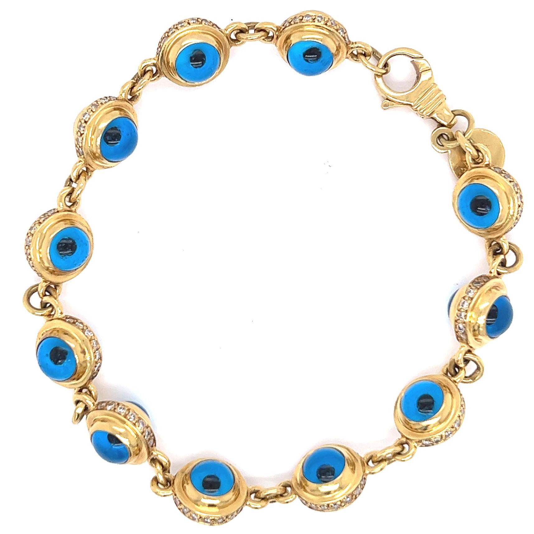 Women's or Men's Aaron Basha Diamond 18 Karat Yellow Gold Evil Eye Link Bracelet